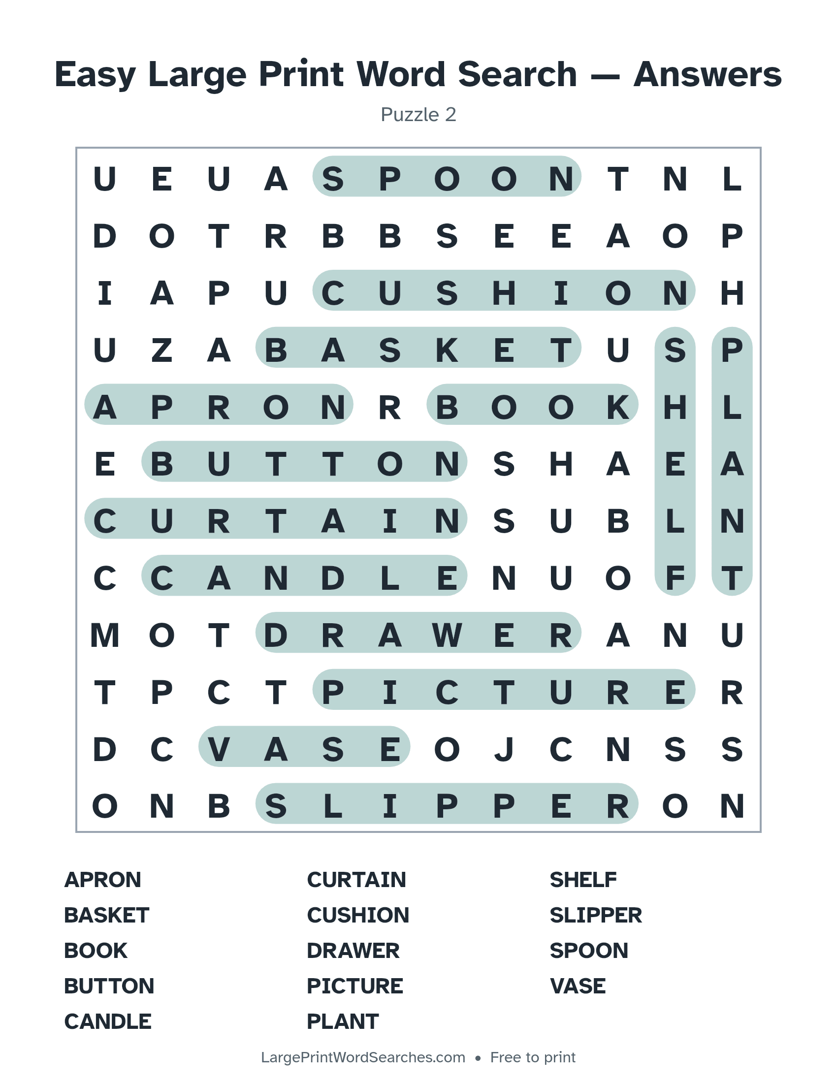 Answer key for easy large print word search puzzle 2 with every hidden word highlighted