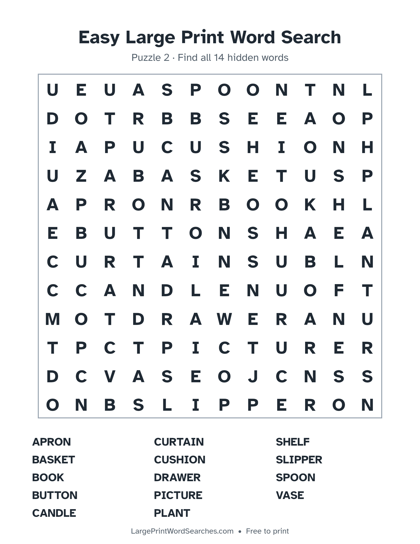 Easy Large Print Word Search puzzle 2: a 12 by 12 letter grid with 14 hidden words in large print