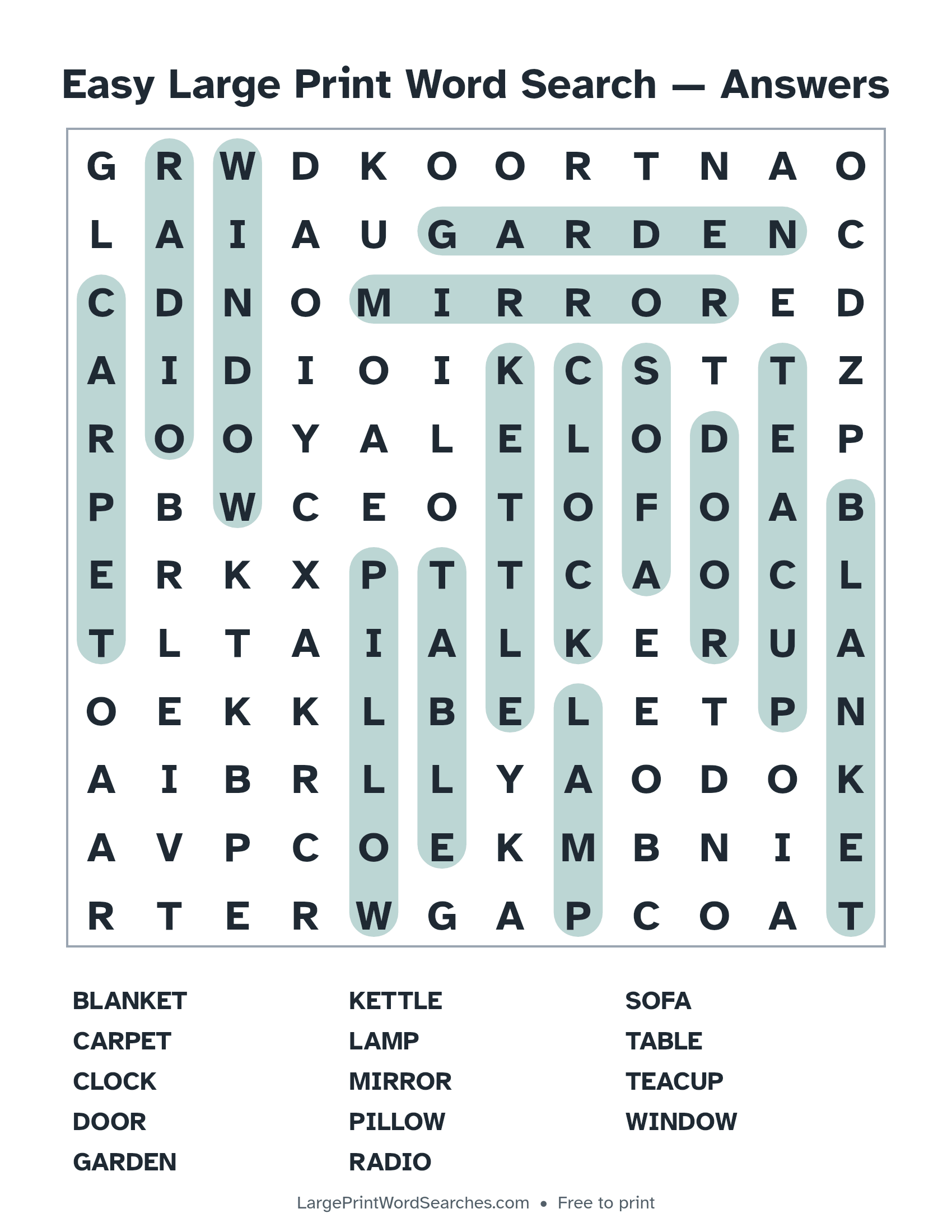 Answer key for easy large print word search puzzle 1 with every hidden word highlighted