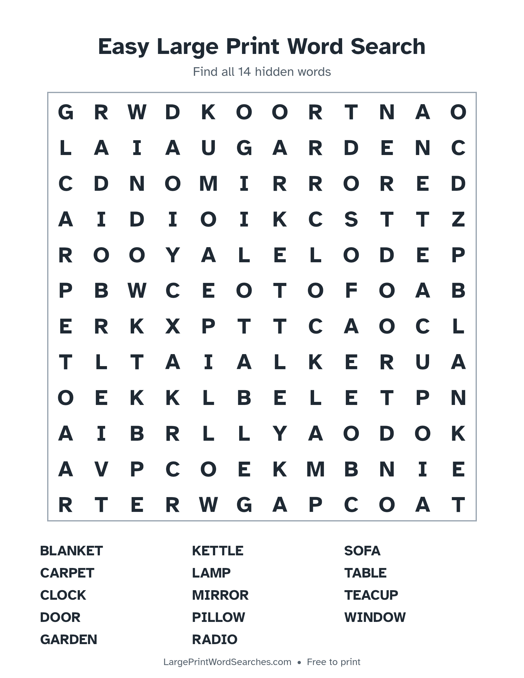 Easy Large Print Word Search puzzle 1: a 12 by 12 letter grid with 14 hidden words in large print