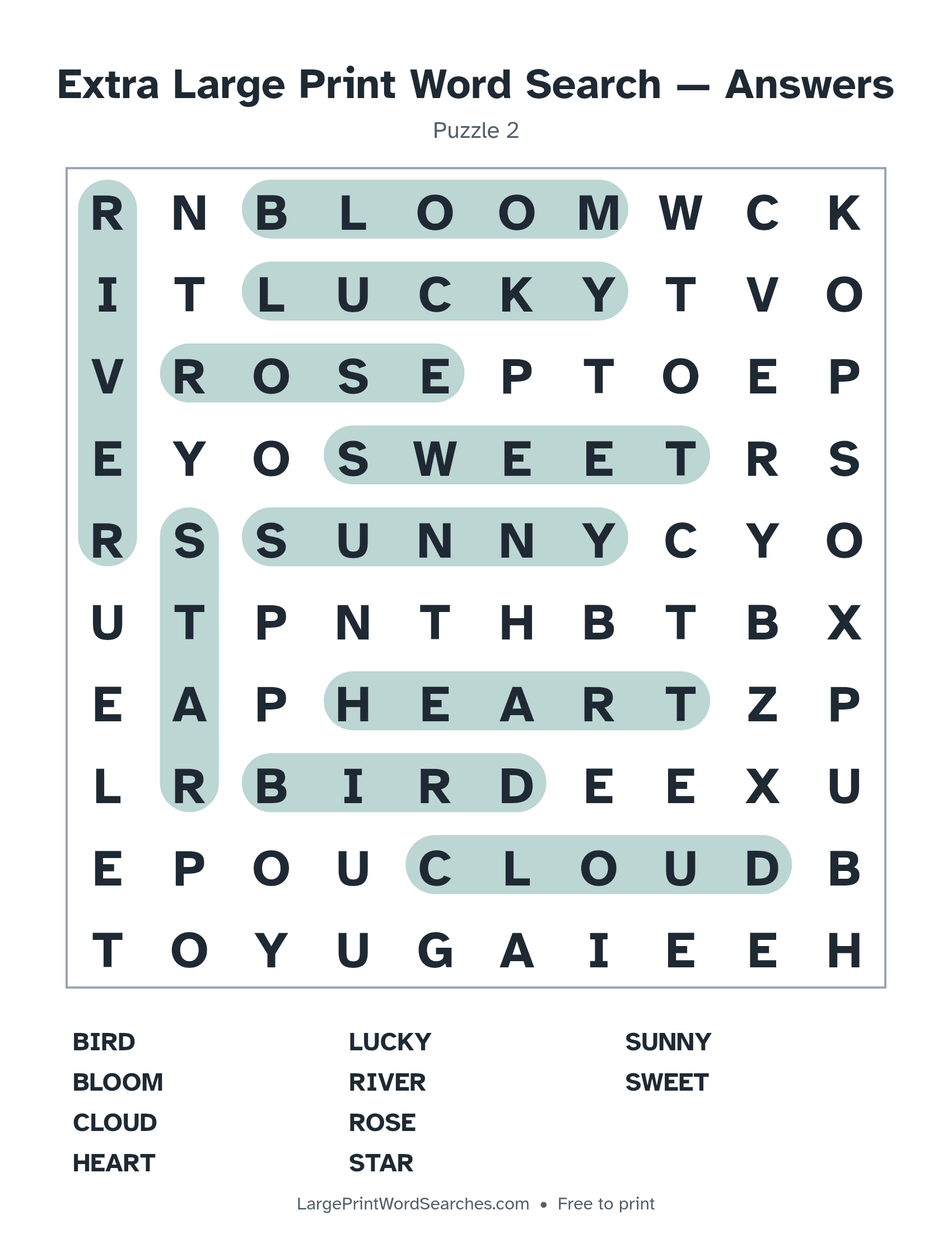 Answer key for extra large print word search puzzle 2 with every hidden word highlighted