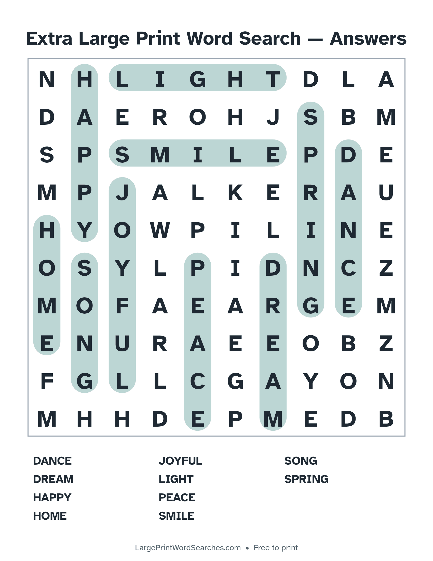 Answer key for extra large print word search puzzle 1 with every hidden word highlighted