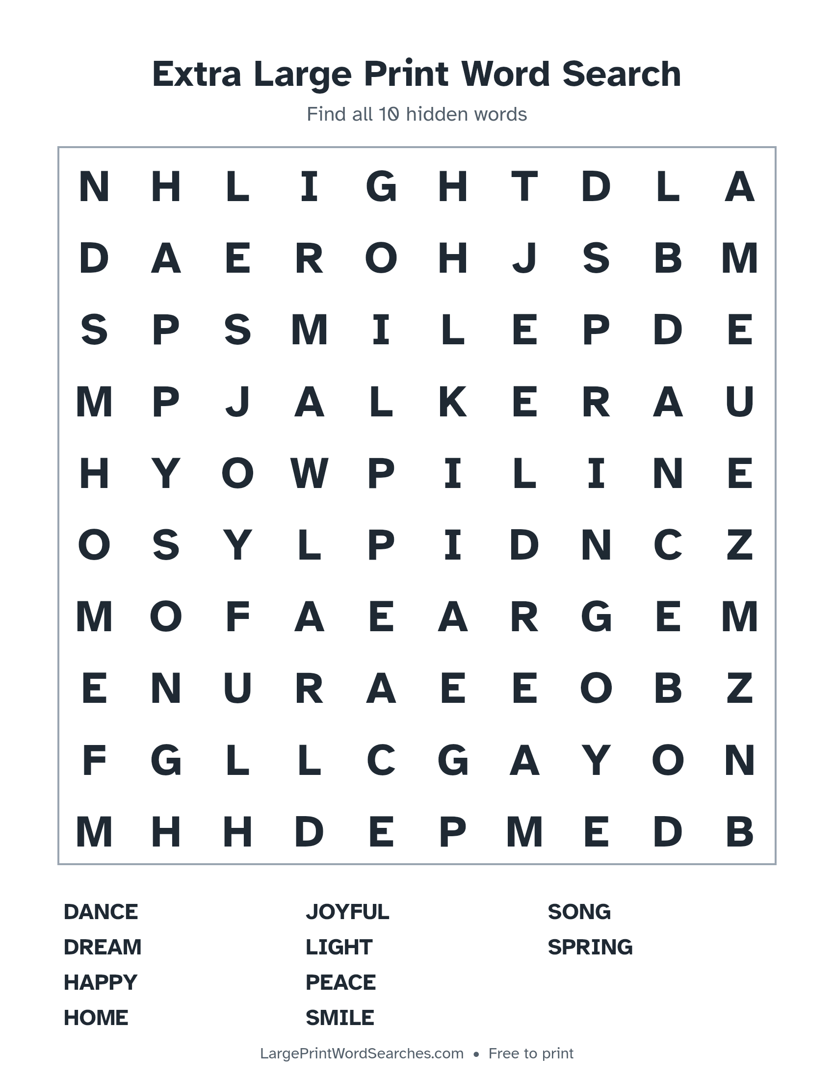 Extra Large Print Word Search puzzle 1: a 10 by 10 letter grid with 10 hidden words in large print