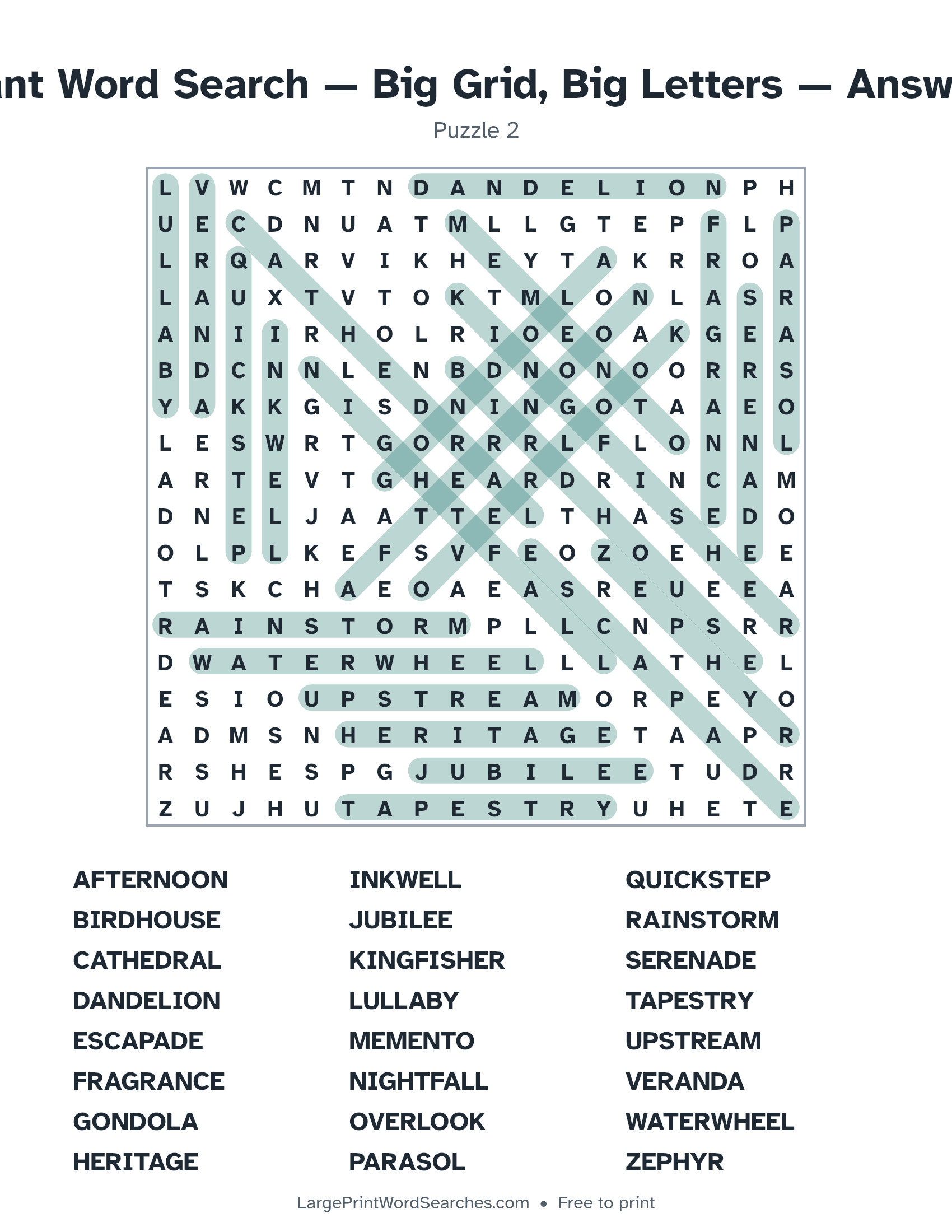 Answer key for giant word search — big grid, big letters puzzle 2 with every hidden word highlighted