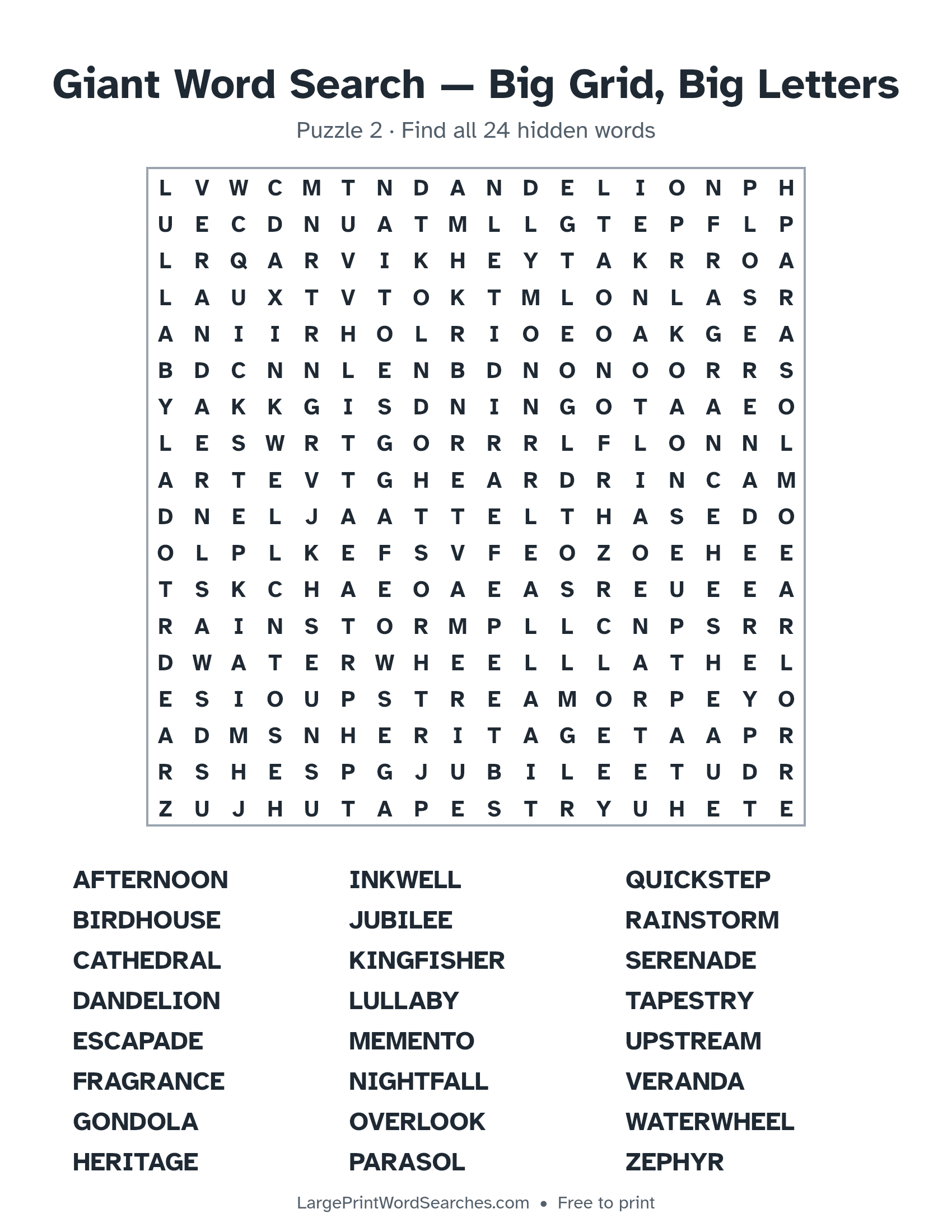 Giant Word Search — Big Grid, Big Letters puzzle 2: a 18 by 18 letter grid with 24 hidden words in large print