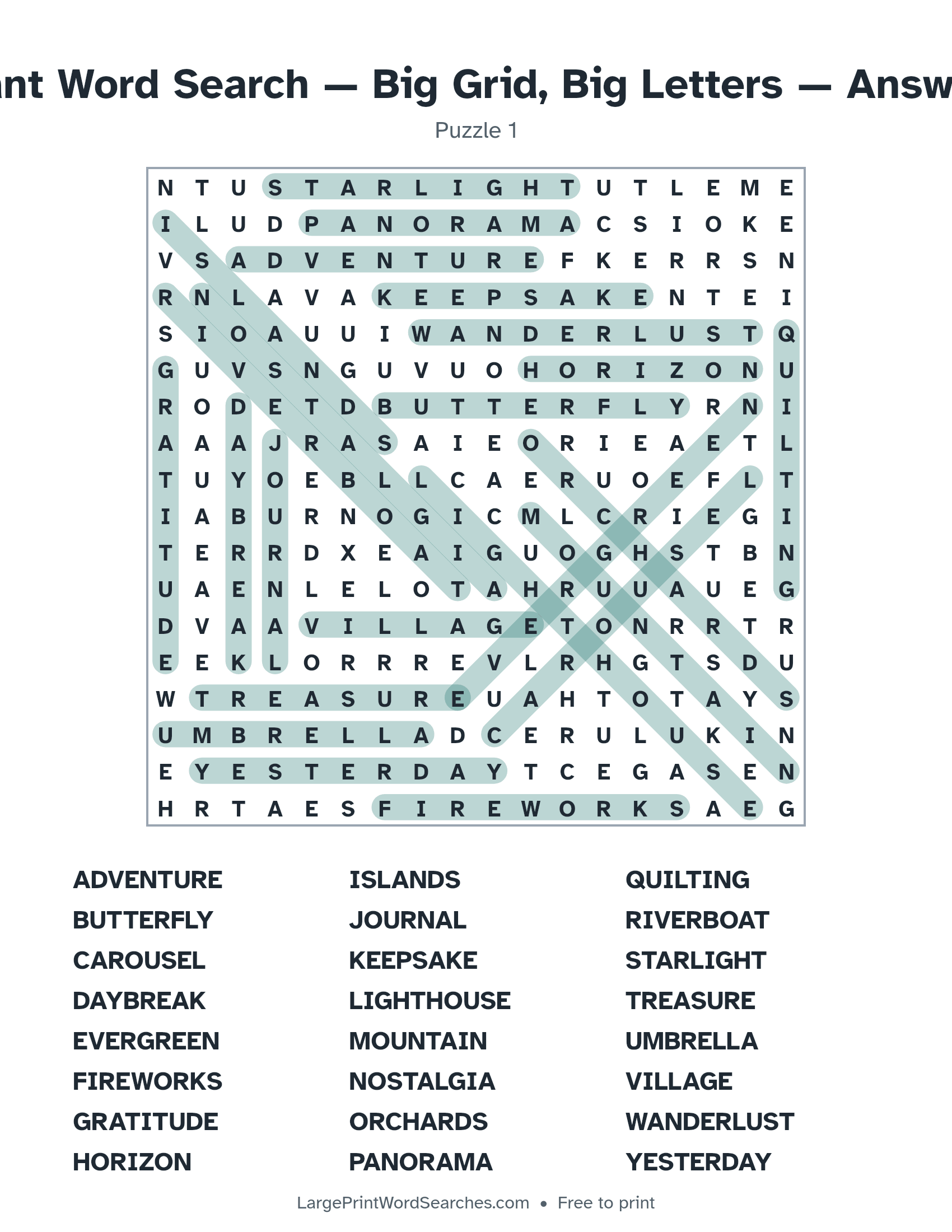 Answer key for giant word search — big grid, big letters puzzle 1 with every hidden word highlighted