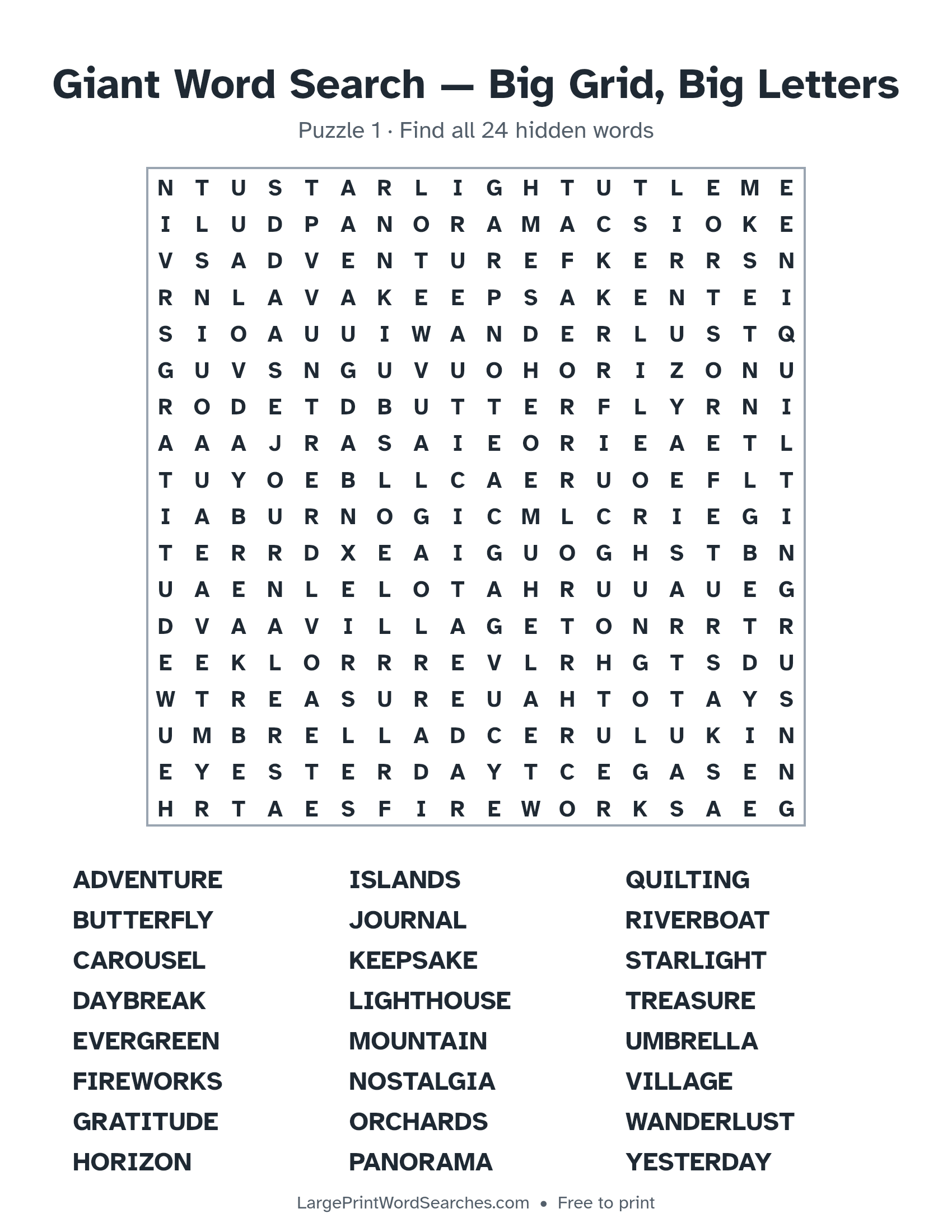 Giant Word Search — Big Grid, Big Letters puzzle 1: a 18 by 18 letter grid with 24 hidden words in large print