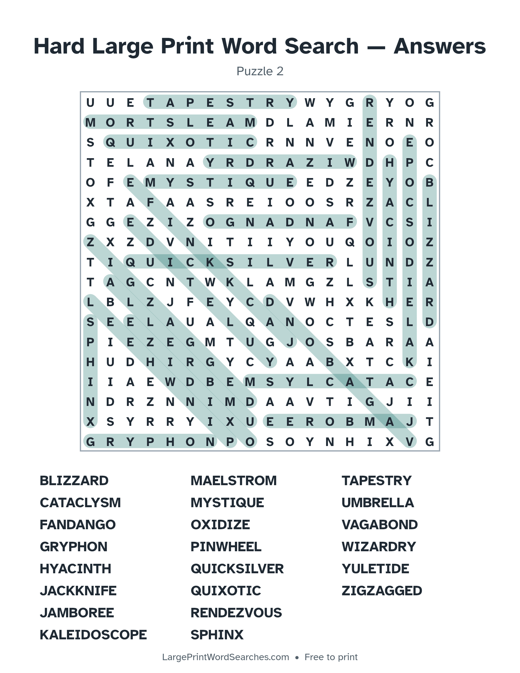 Answer key for hard large print word search puzzle 2 with every hidden word highlighted