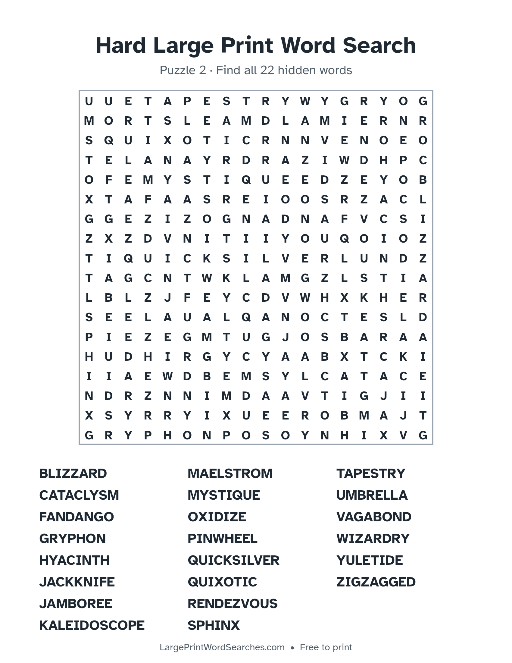 Hard Large Print Word Search puzzle 2: a 18 by 18 letter grid with 22 hidden words in large print