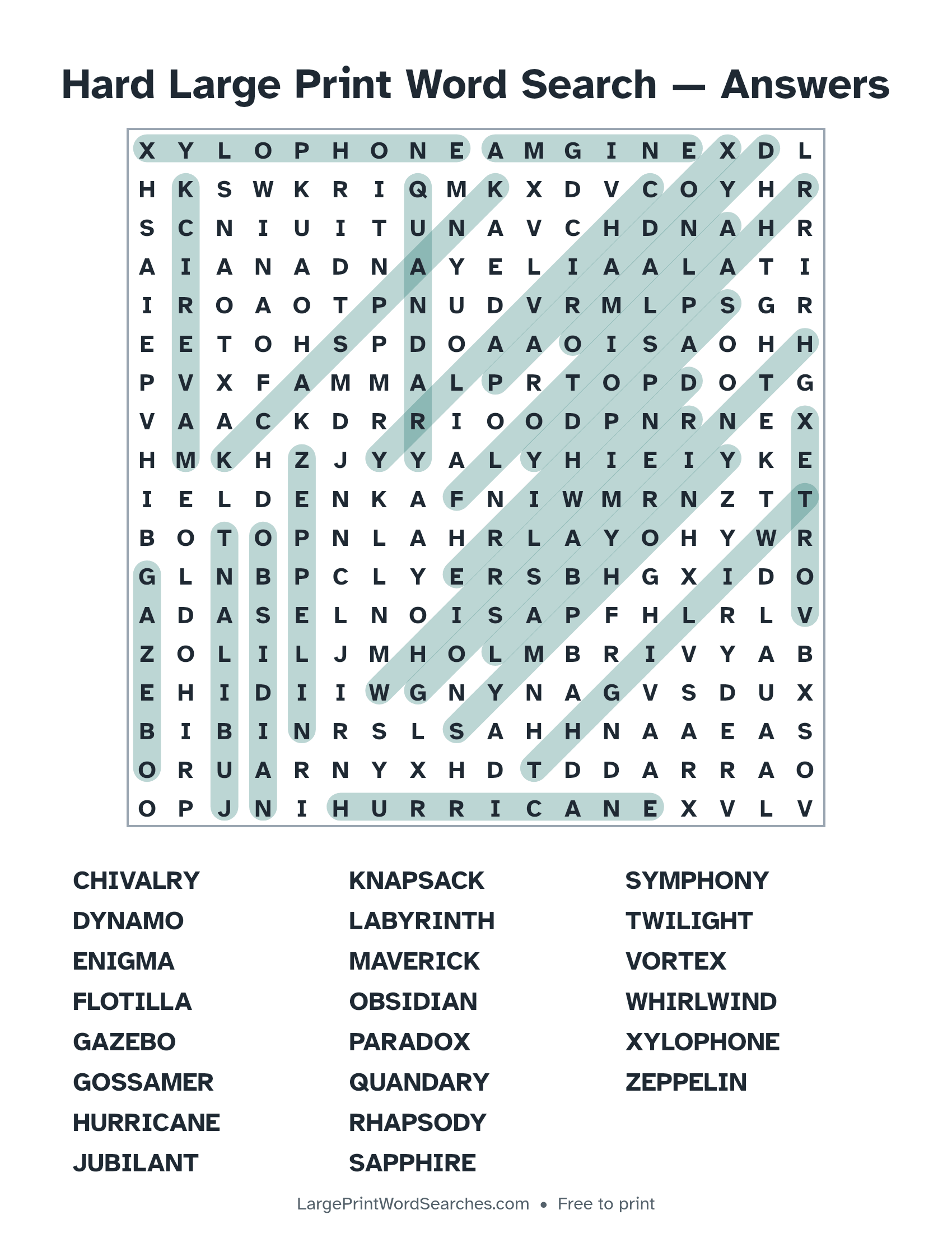 Answer key for hard large print word search puzzle 1 with every hidden word highlighted