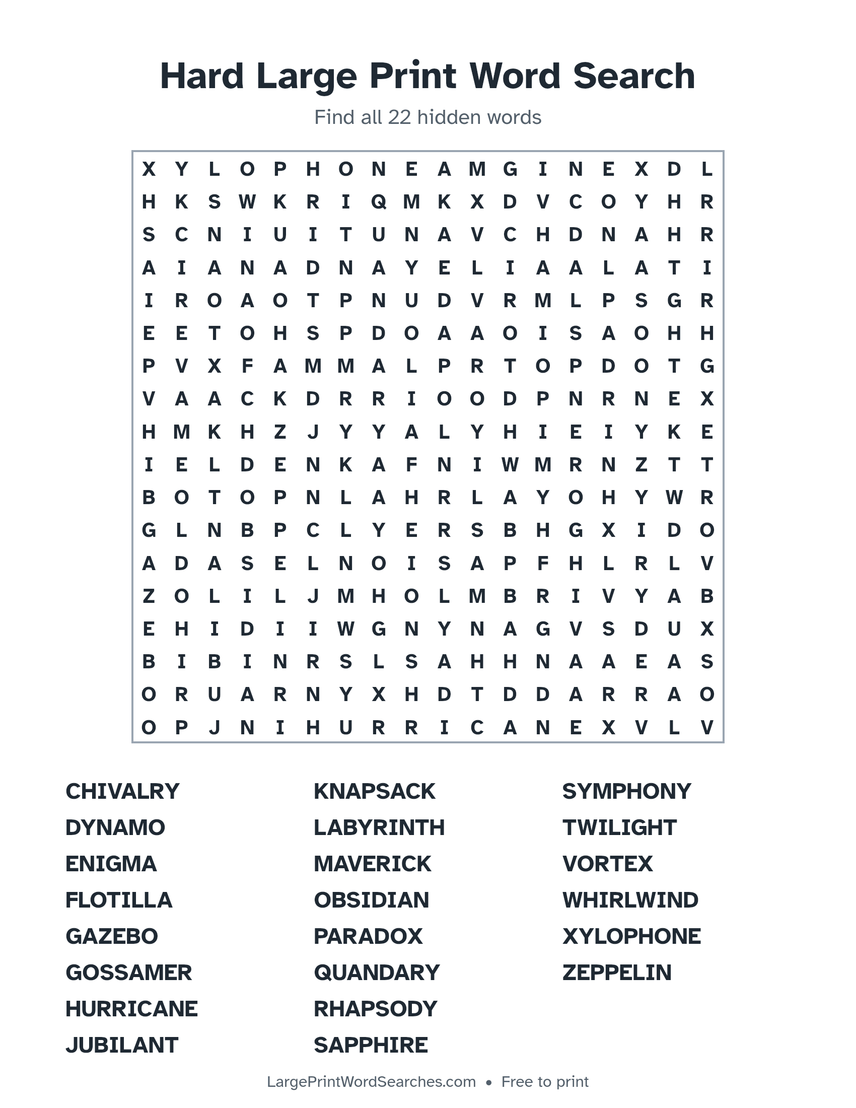 Hard Large Print Word Search puzzle 1: a 18 by 18 letter grid with 22 hidden words in large print