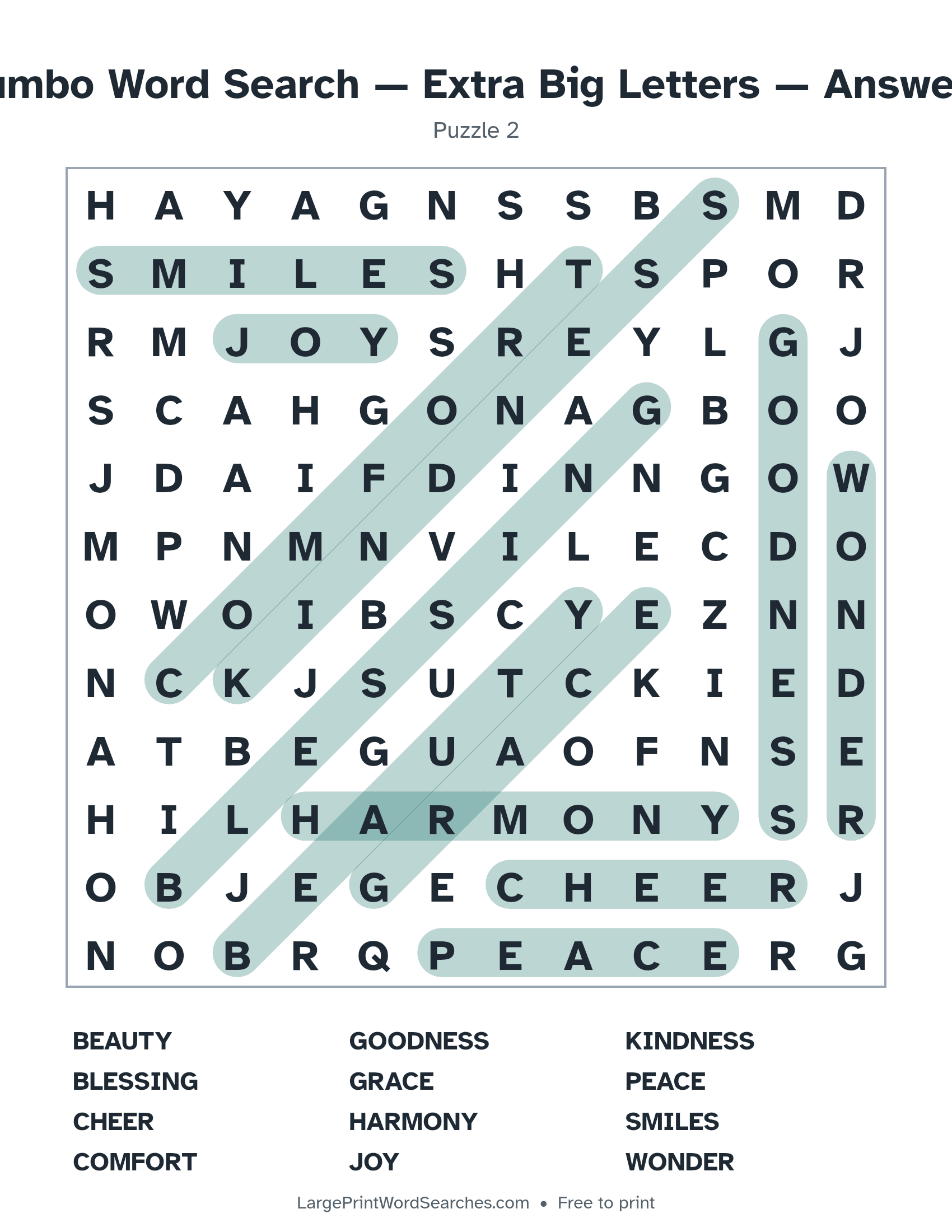 Answer key for jumbo word search — extra big letters puzzle 2 with every hidden word highlighted
