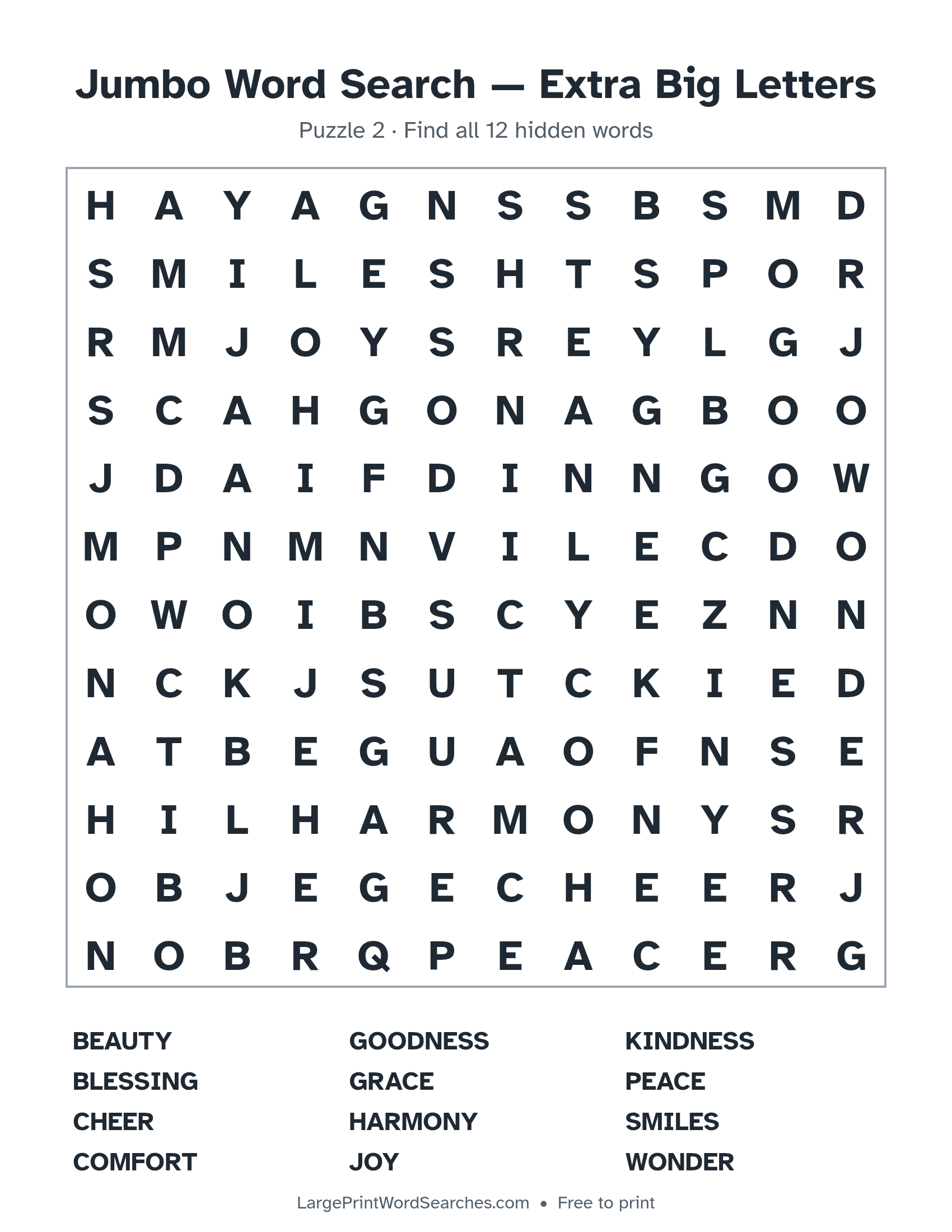 Jumbo Word Search — Extra Big Letters puzzle 2: a 12 by 12 letter grid with 12 hidden words in large print