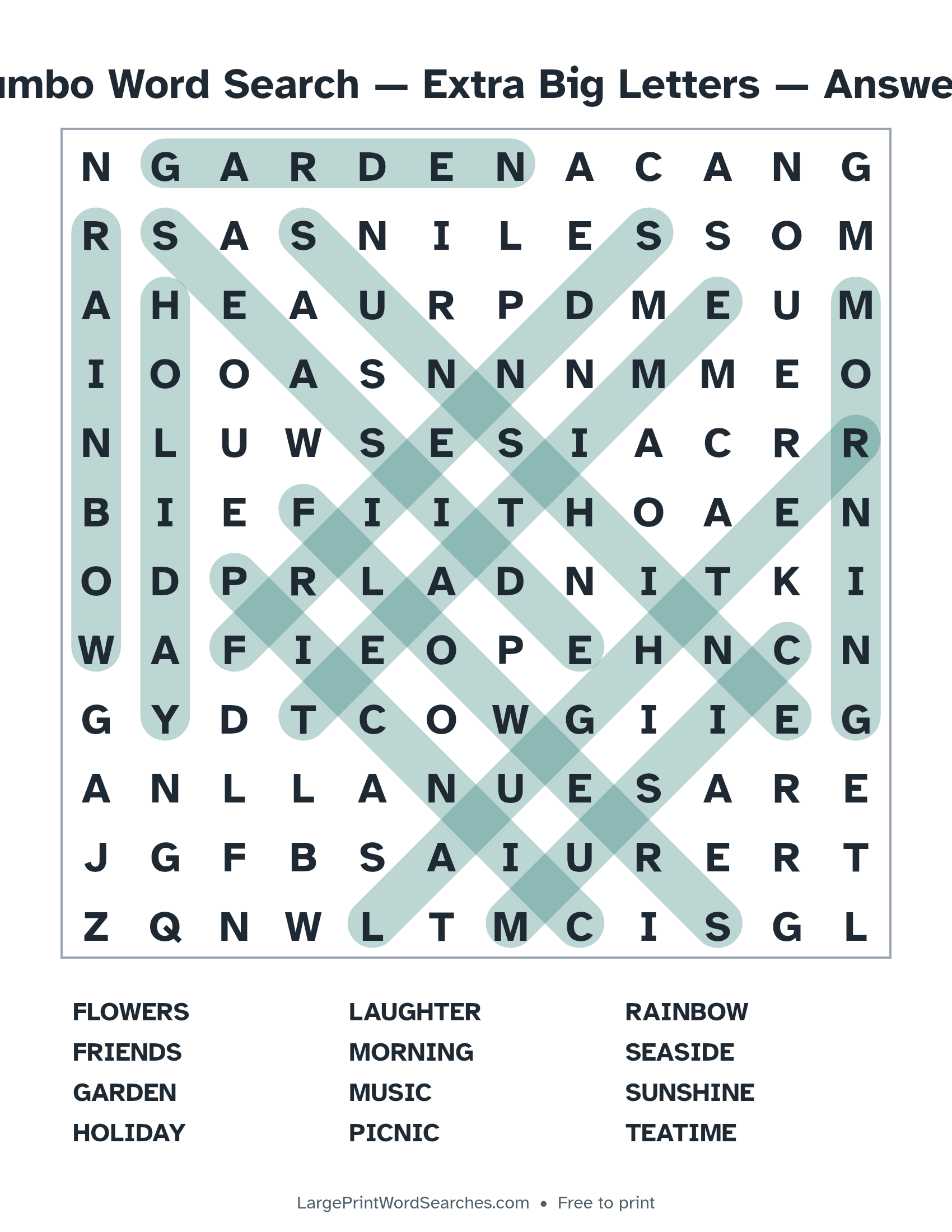 Answer key for jumbo word search — extra big letters puzzle 1 with every hidden word highlighted