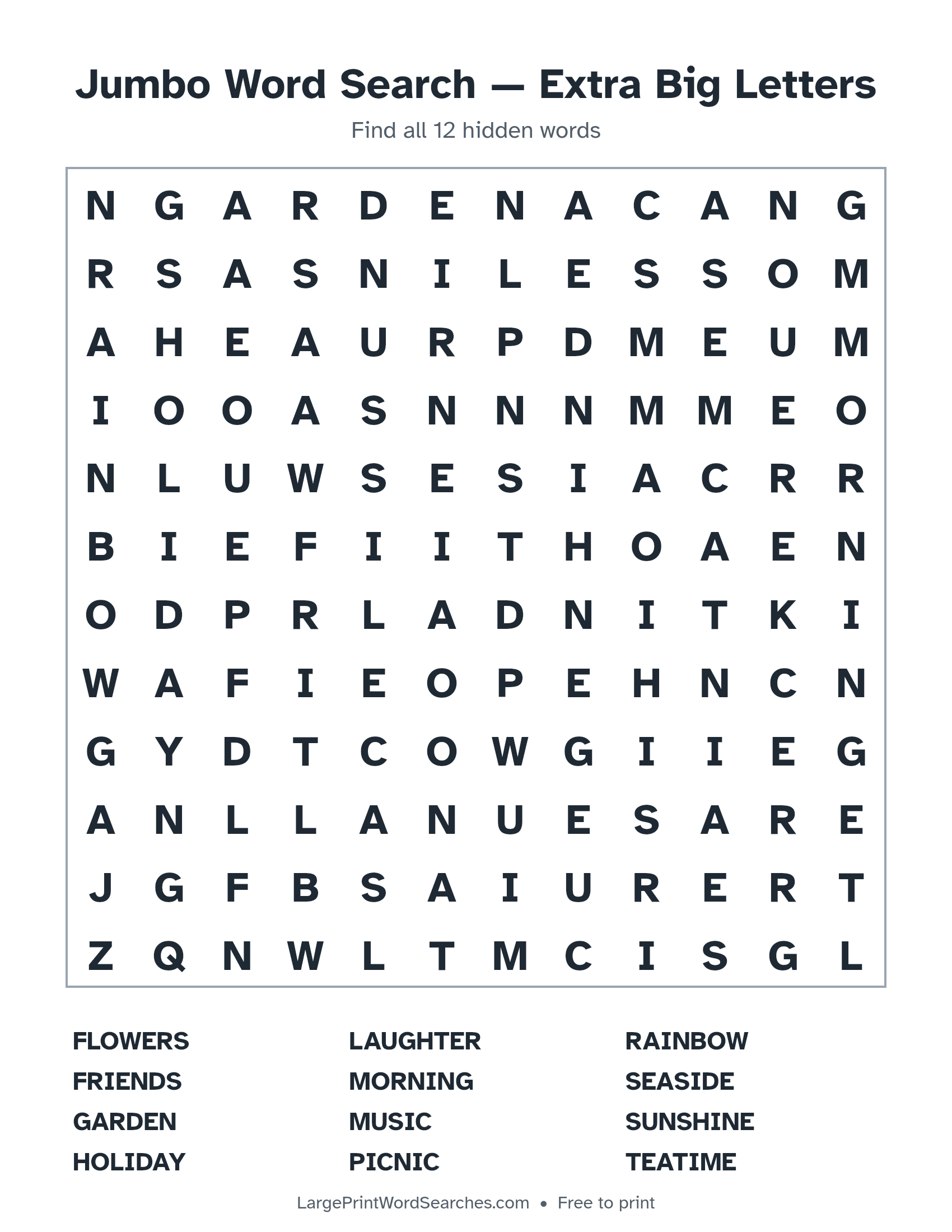 Jumbo Word Search — Extra Big Letters puzzle 1: a 12 by 12 letter grid with 12 hidden words in large print