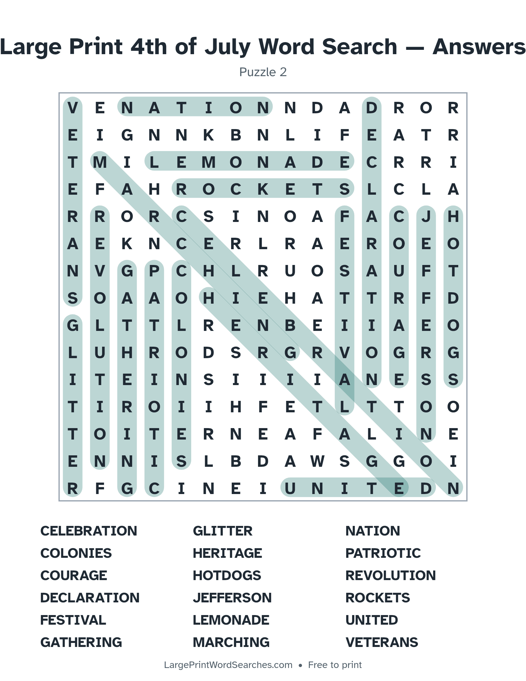 Answer key for large print 4th of july word search puzzle 2 with every hidden word highlighted
