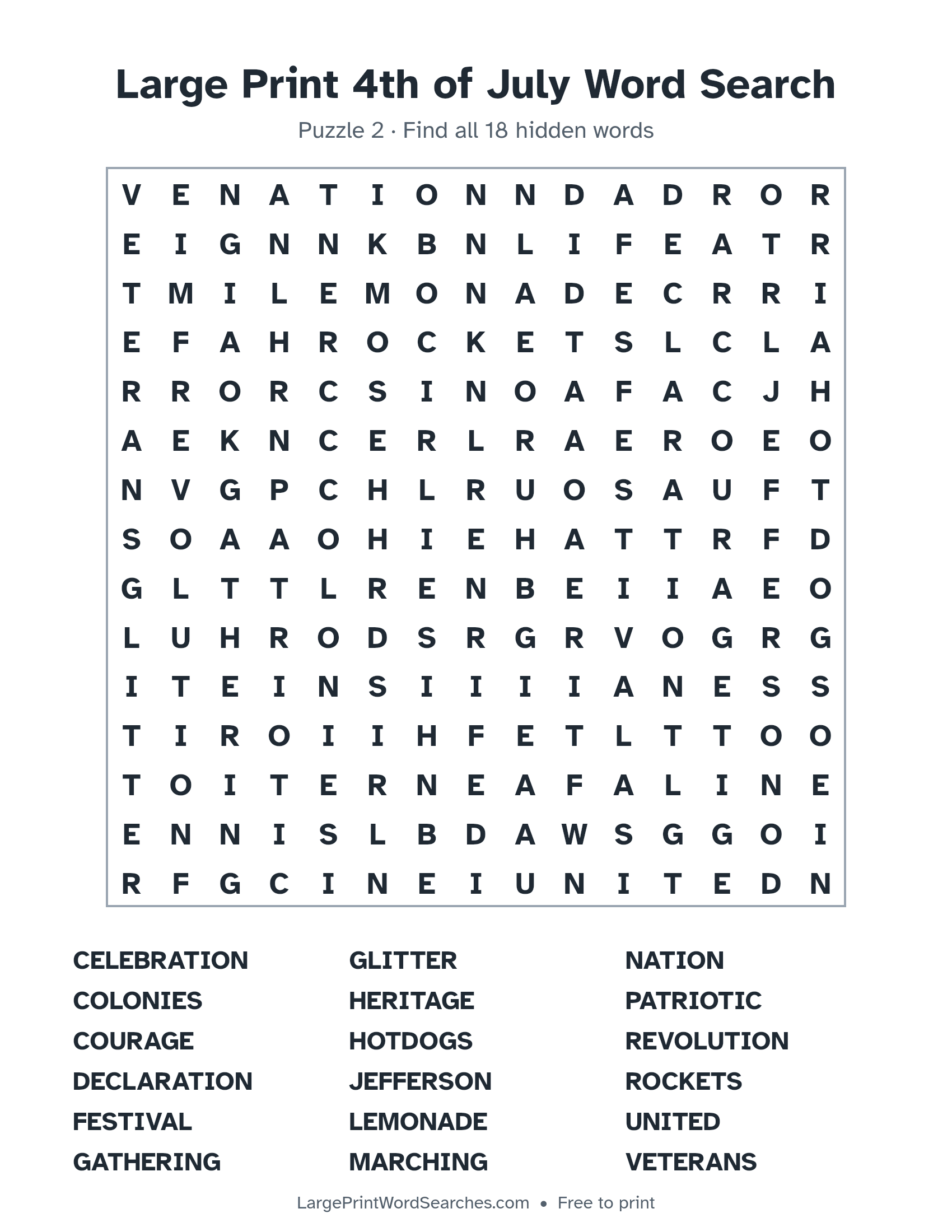 Large Print 4th of July Word Search puzzle 2: a 15 by 15 letter grid with 18 hidden words in large print