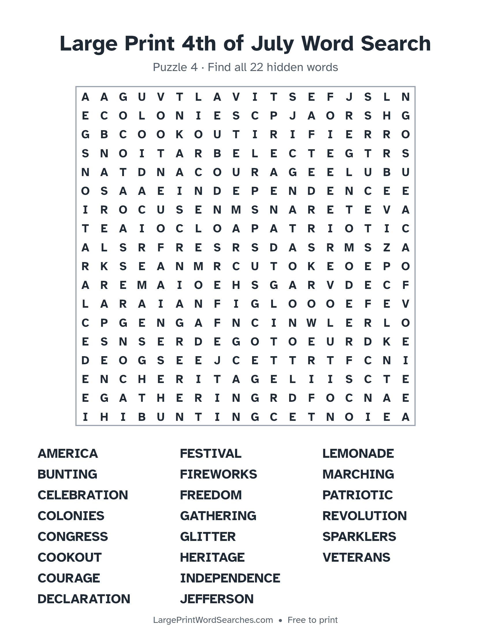 Large Print 4th of July Word Search puzzle 4: a 18 by 18 letter grid with 22 hidden words in large print