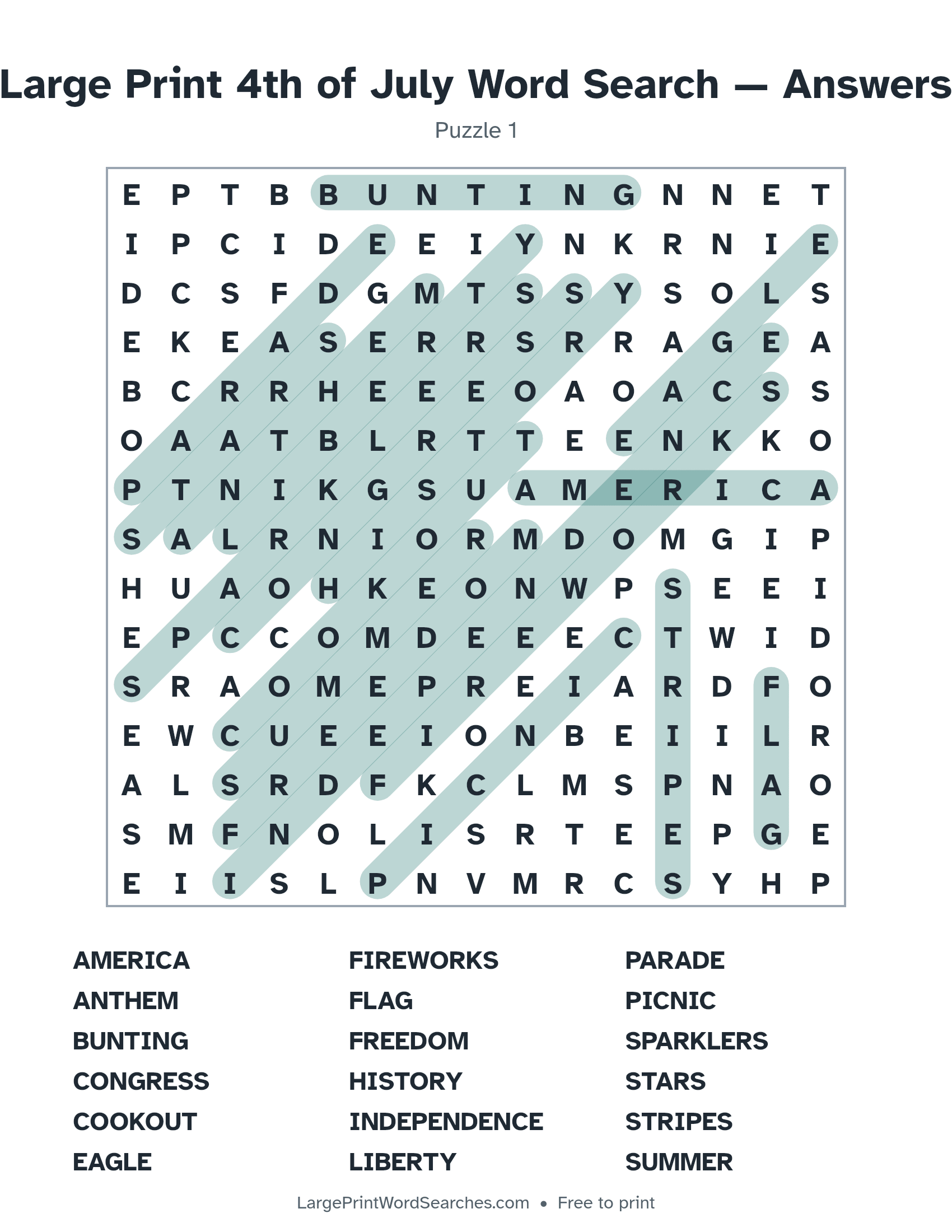 Answer key for large print 4th of july word search puzzle 1 with every hidden word highlighted
