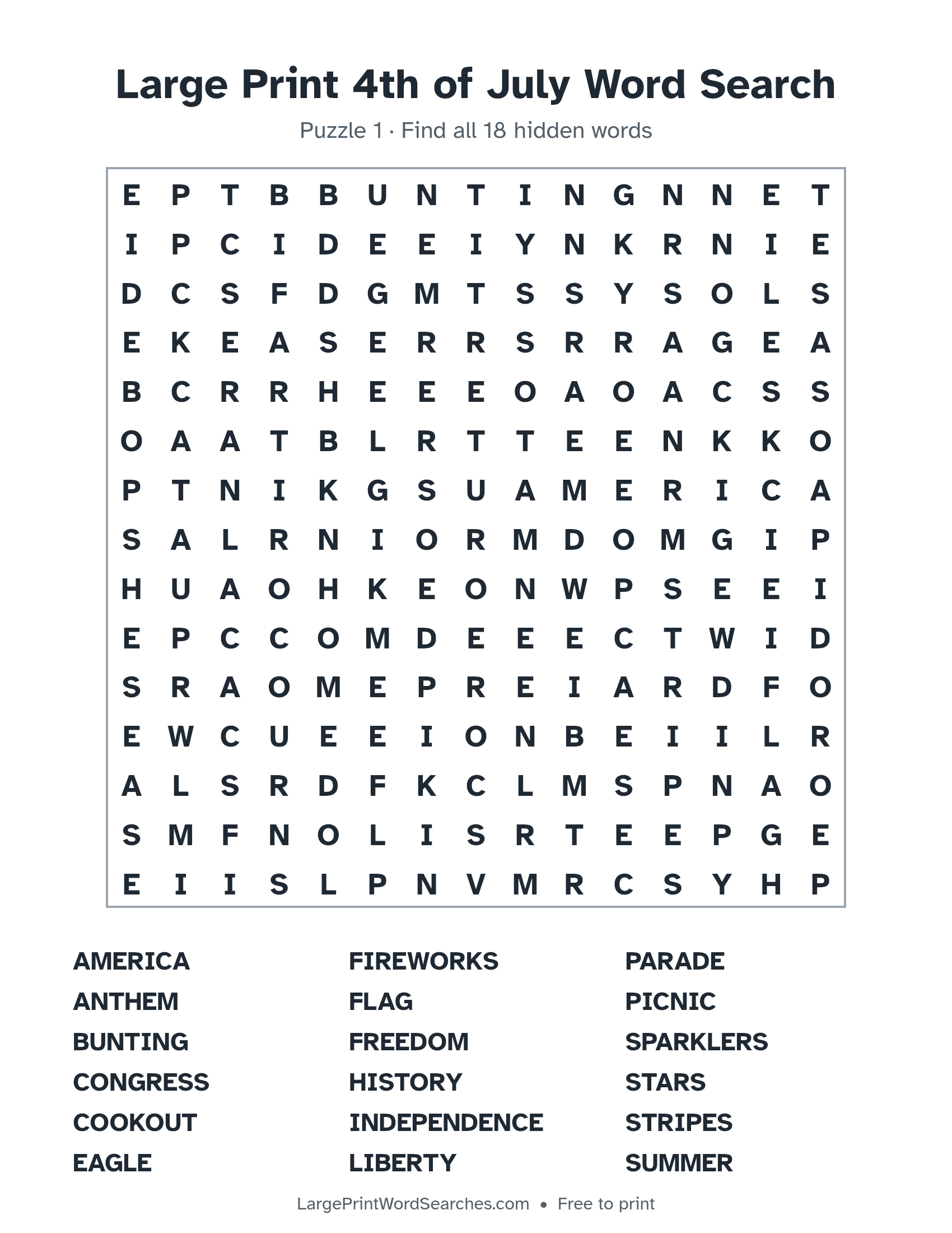 Large Print 4th of July Word Search puzzle 1: a 15 by 15 letter grid with 18 hidden words in large print