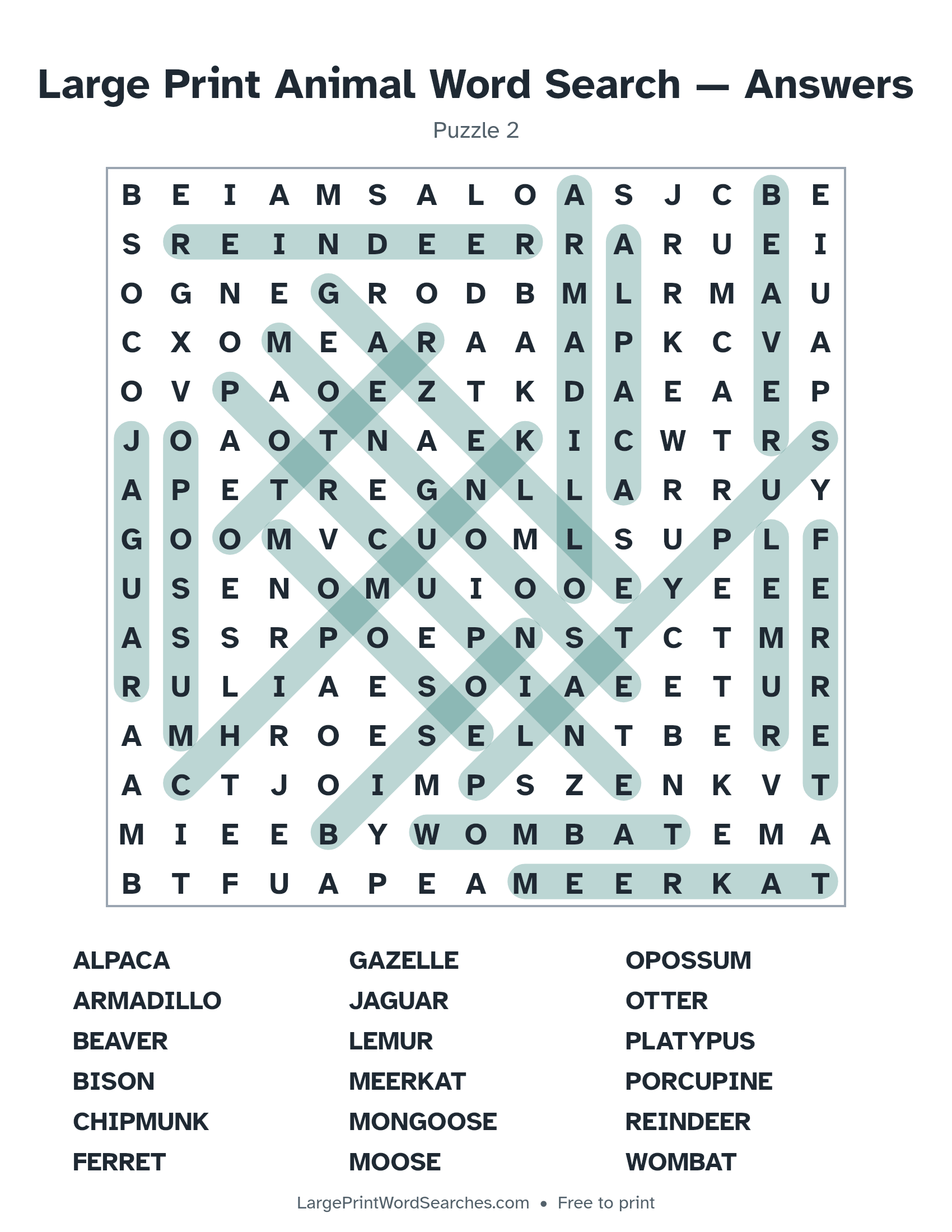 Answer key for large print animal word search puzzle 2 with every hidden word highlighted