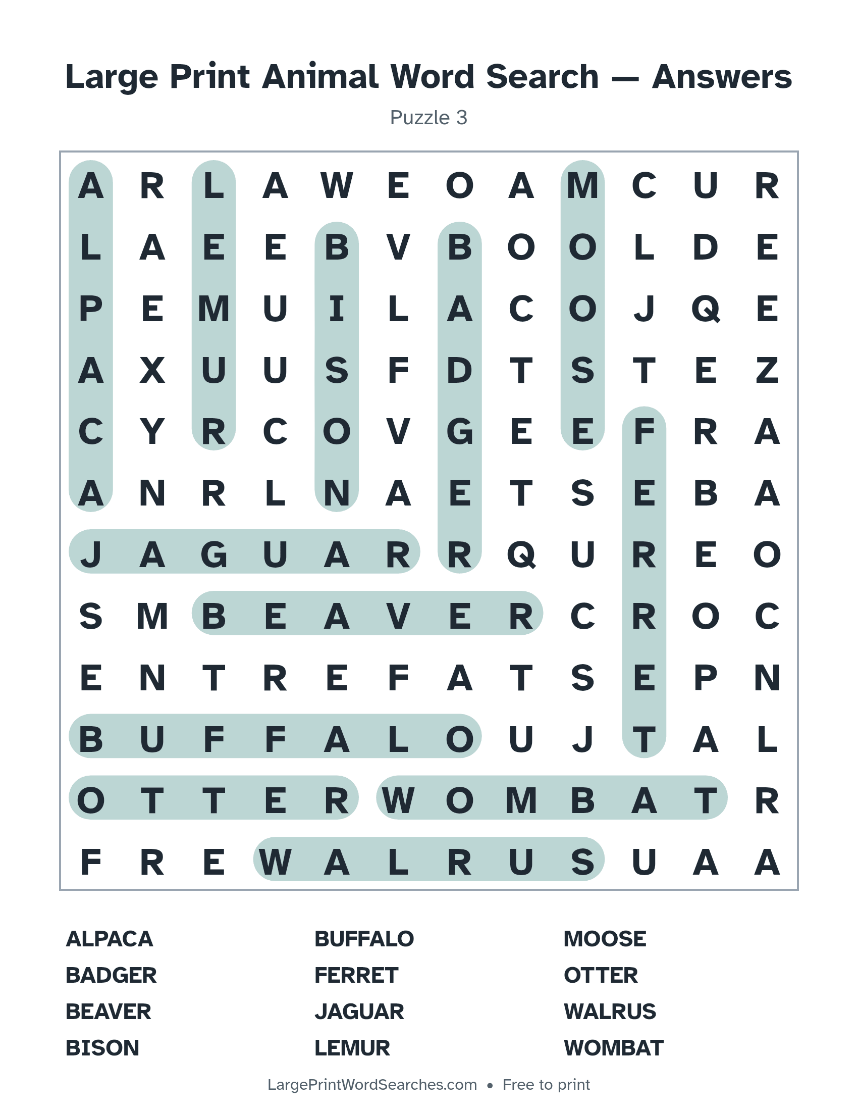 Answer key for large print animal word search puzzle 3 with every hidden word highlighted