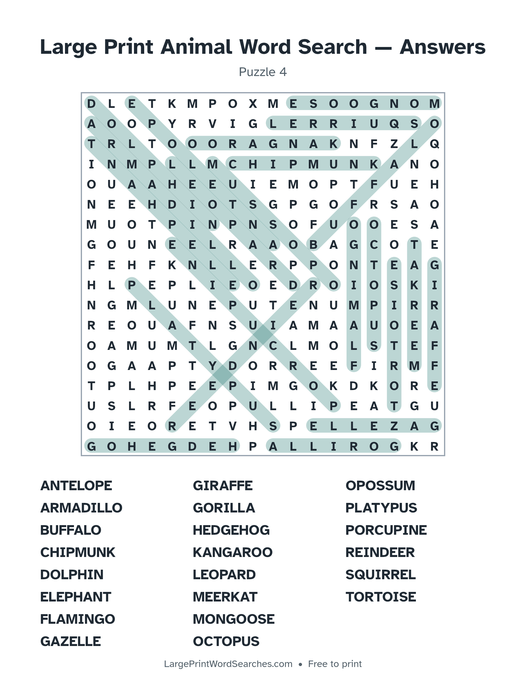 Answer key for large print animal word search puzzle 4 with every hidden word highlighted