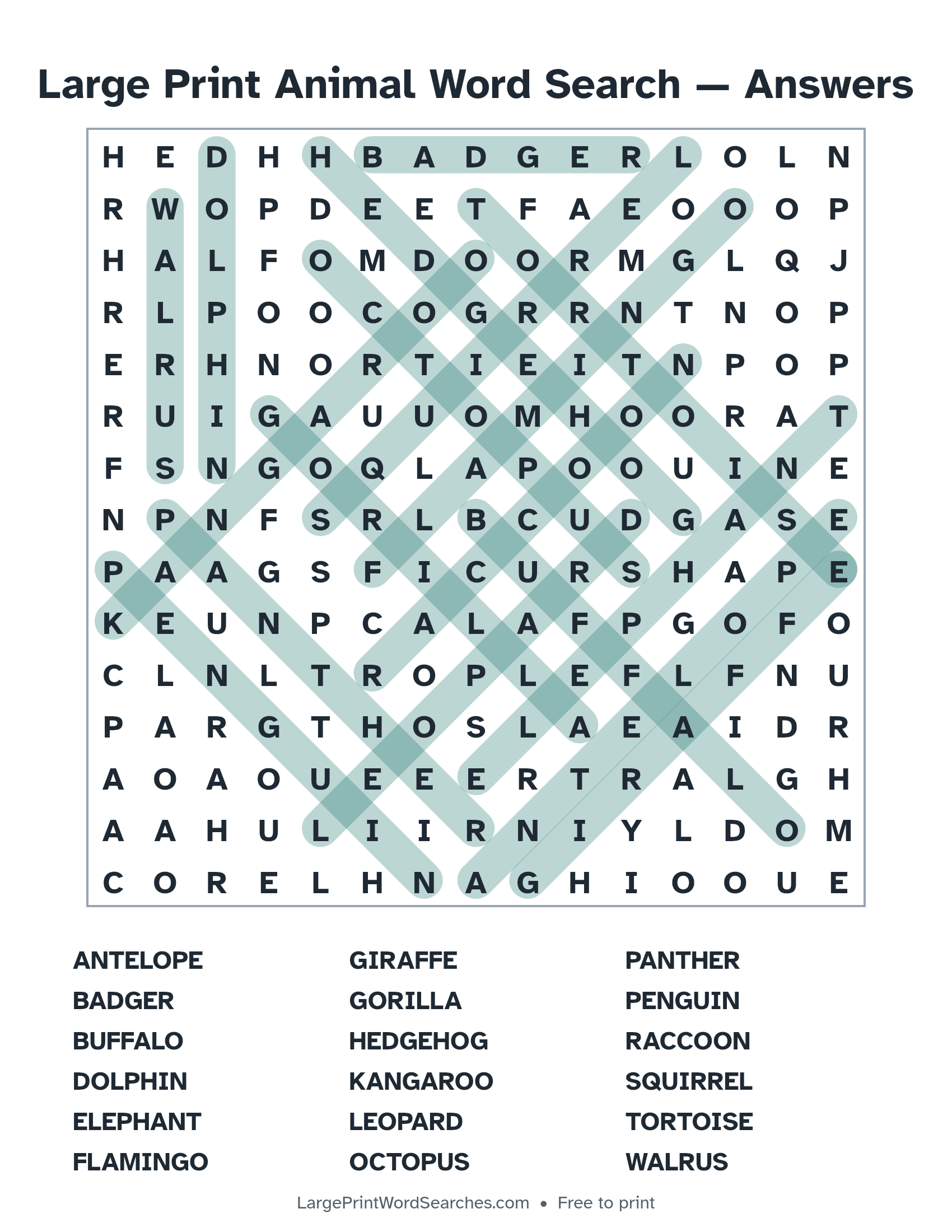 Answer key for large print animal word search puzzle 1 with every hidden word highlighted