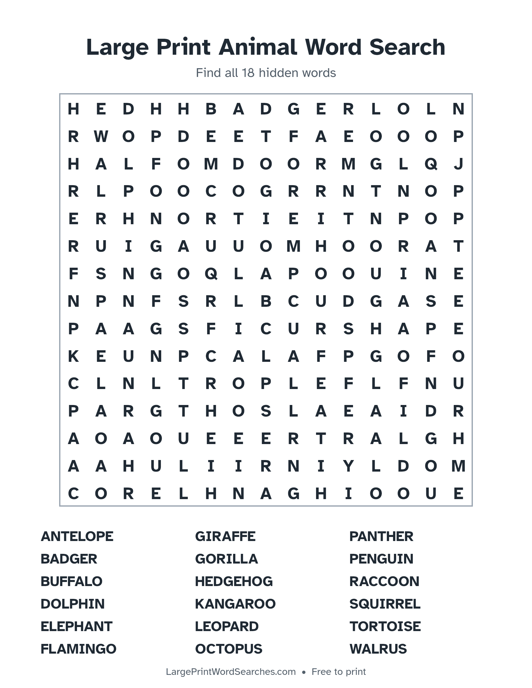 Large Print Animal Word Search puzzle 1: a 15 by 15 letter grid with 18 hidden words in large print