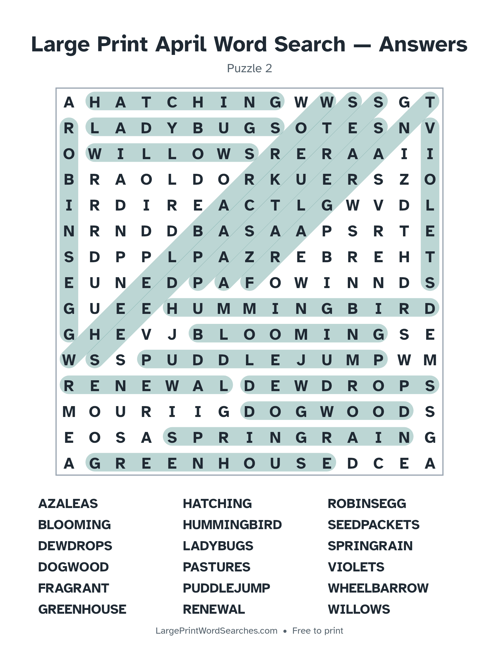 Answer key for large print april word search puzzle 2 with every hidden word highlighted