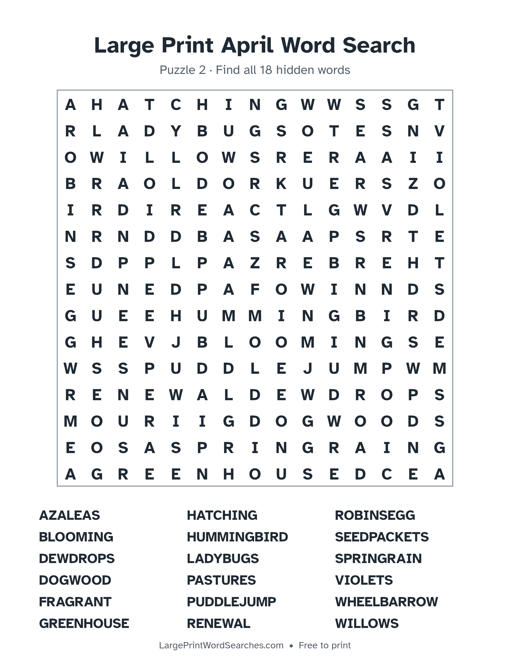 Large Print April Word Search puzzle 2: a 15 by 15 letter grid with 18 hidden words in large print