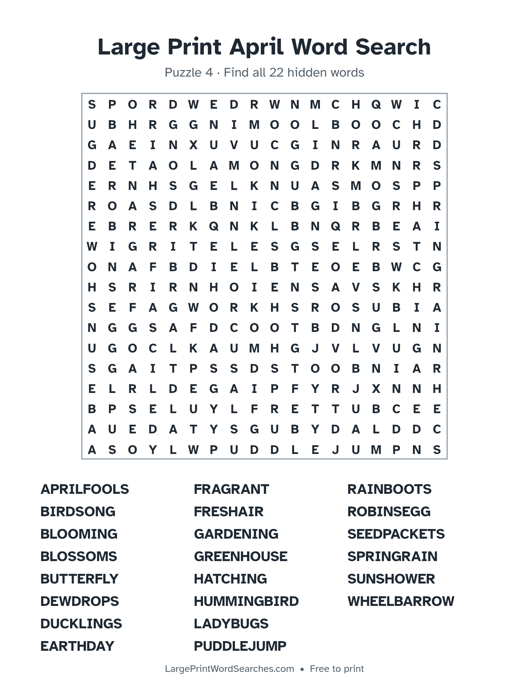 Large Print April Word Search puzzle 4: a 18 by 18 letter grid with 22 hidden words in large print