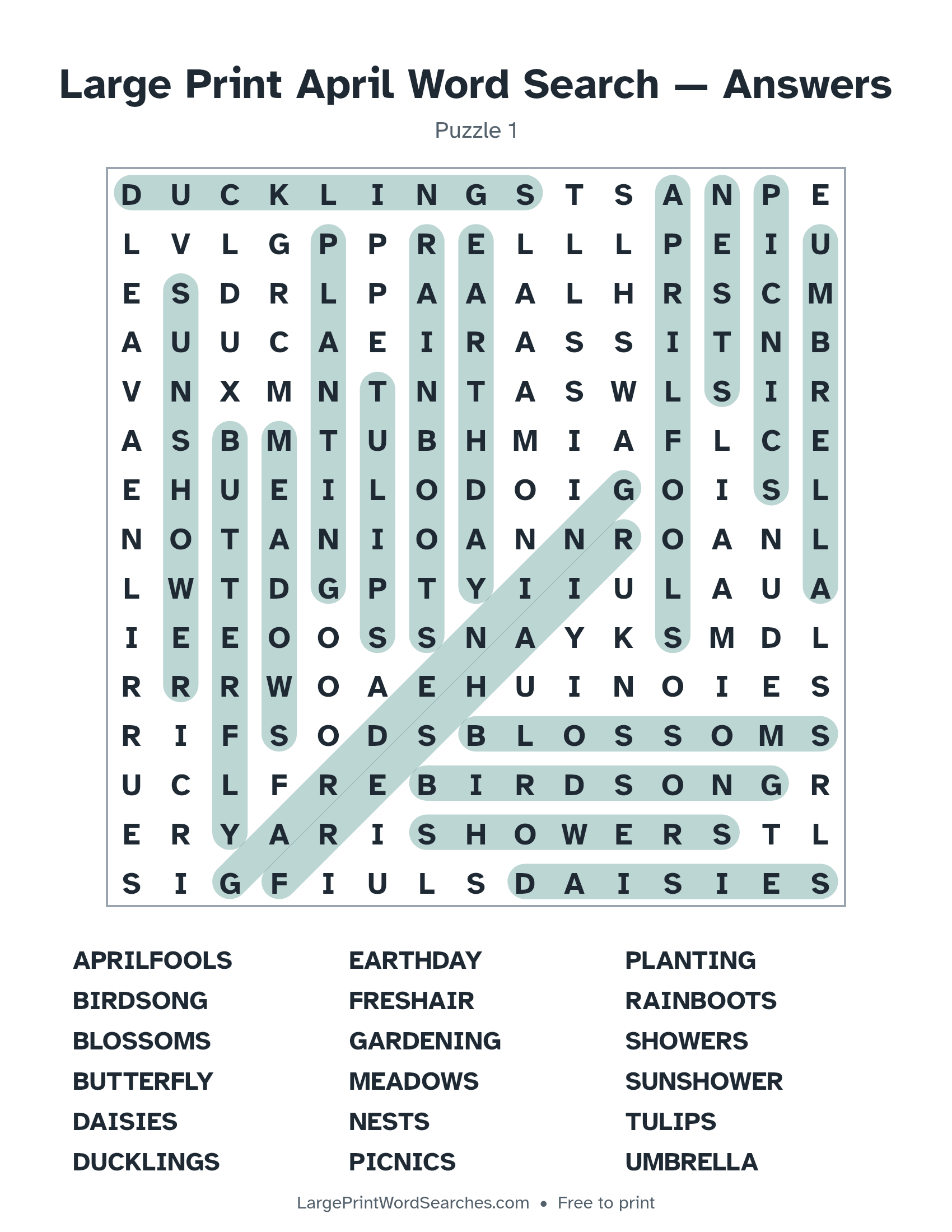 Answer key for large print april word search puzzle 1 with every hidden word highlighted