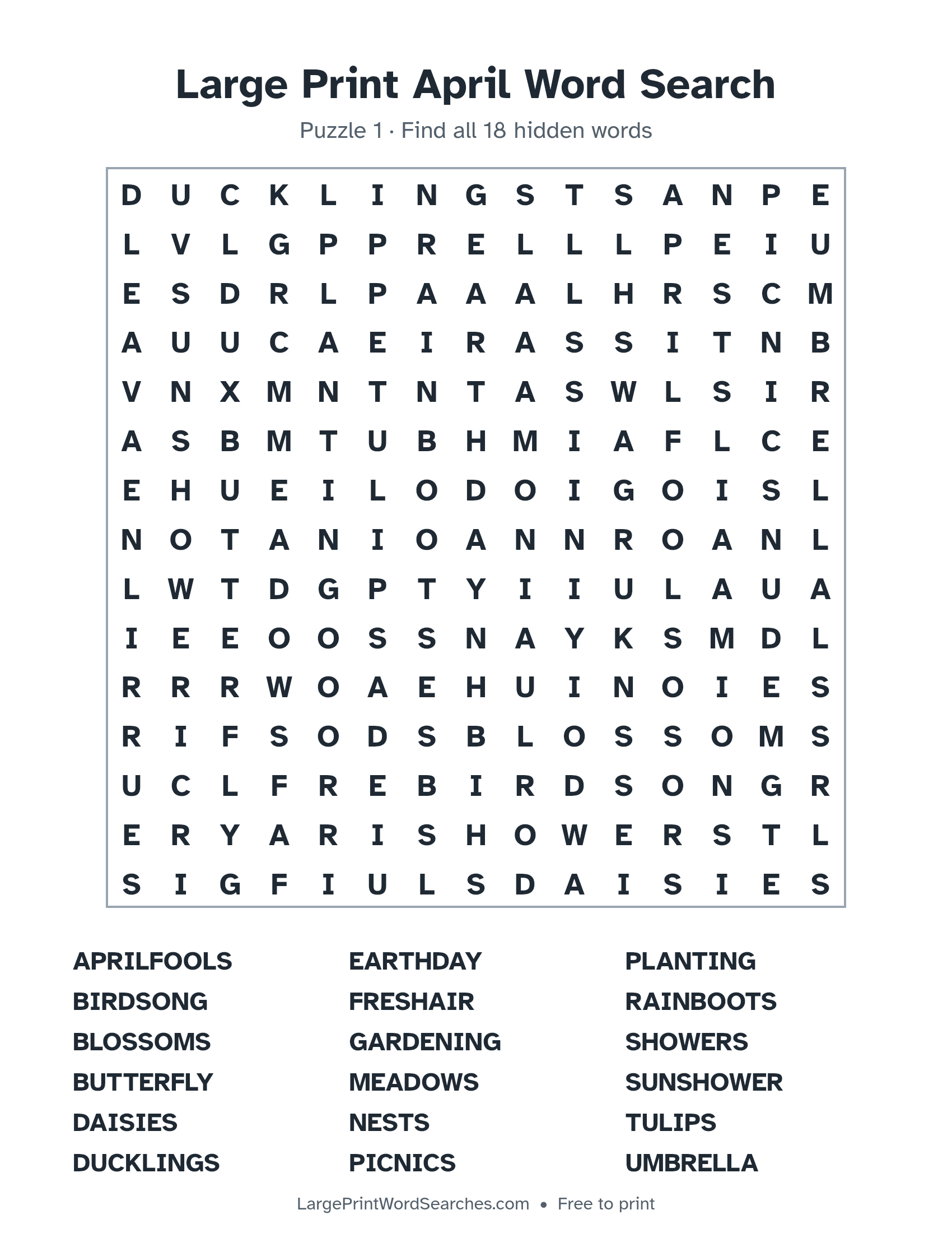 Large Print April Word Search puzzle 1: a 15 by 15 letter grid with 18 hidden words in large print