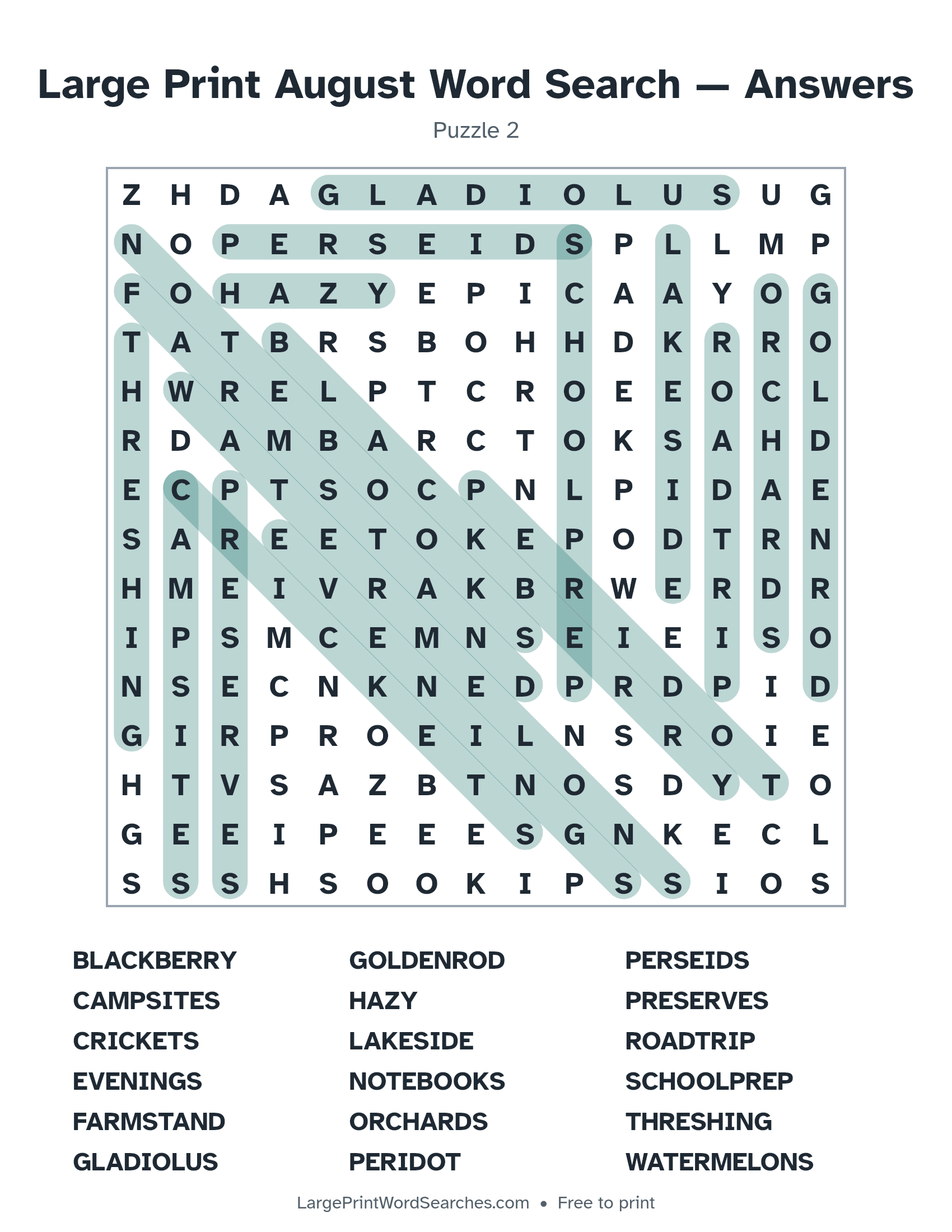 Answer key for large print august word search puzzle 2 with every hidden word highlighted