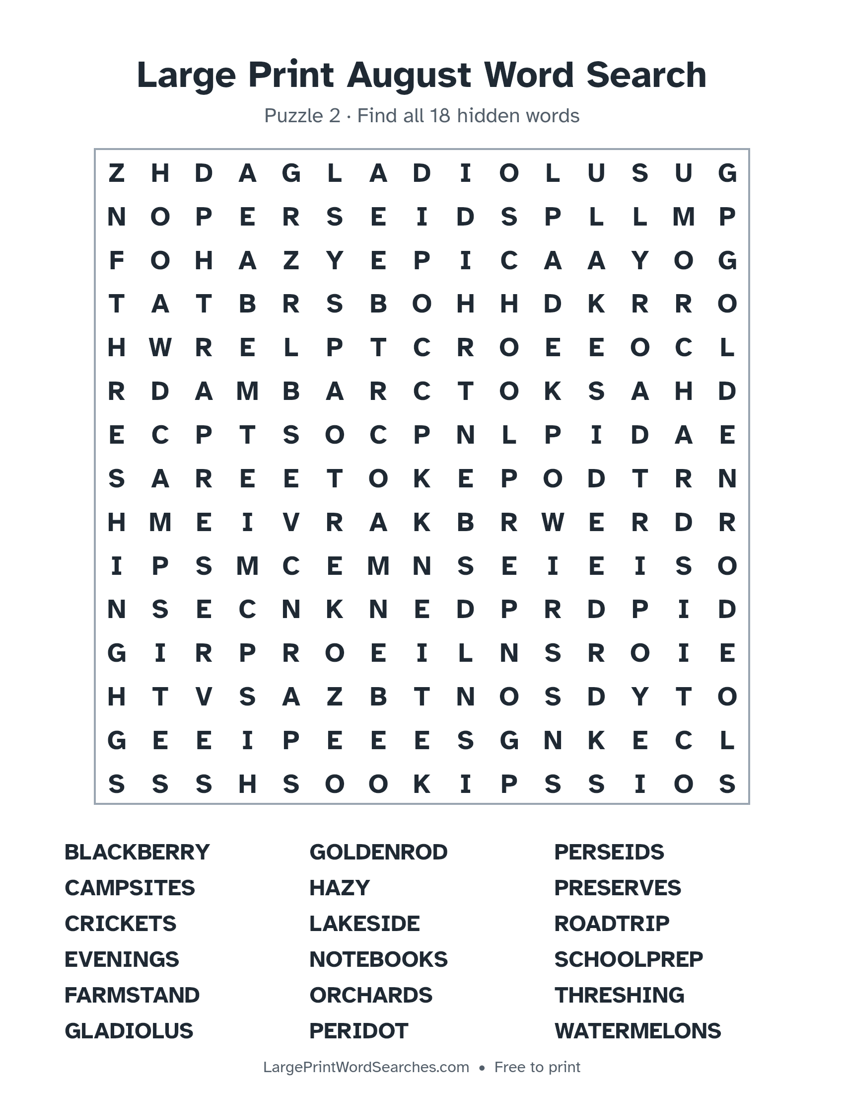 Large Print August Word Search puzzle 2: a 15 by 15 letter grid with 18 hidden words in large print