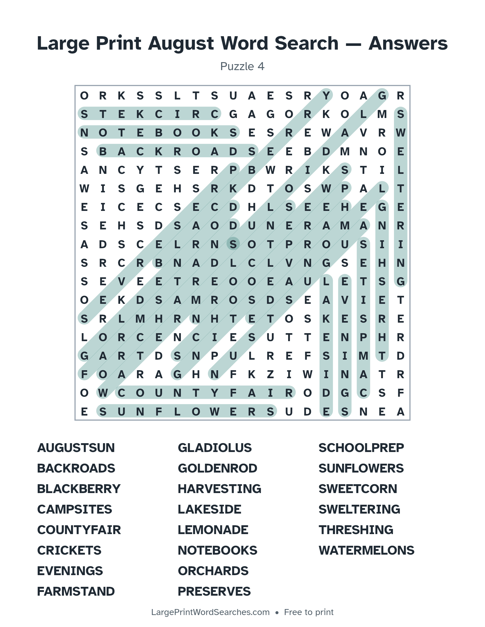 Answer key for large print august word search puzzle 4 with every hidden word highlighted