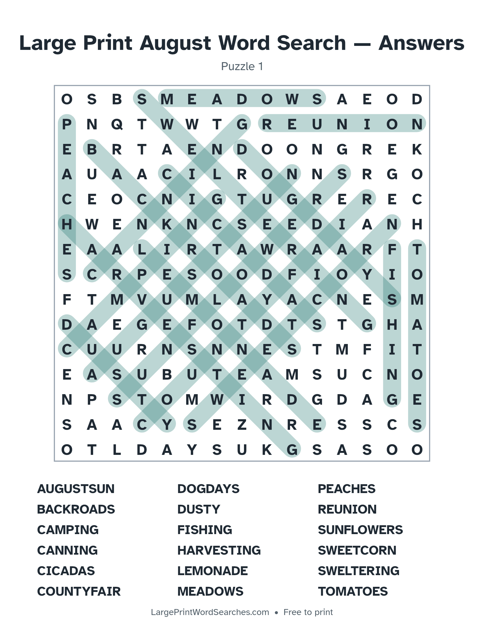 Answer key for large print august word search puzzle 1 with every hidden word highlighted