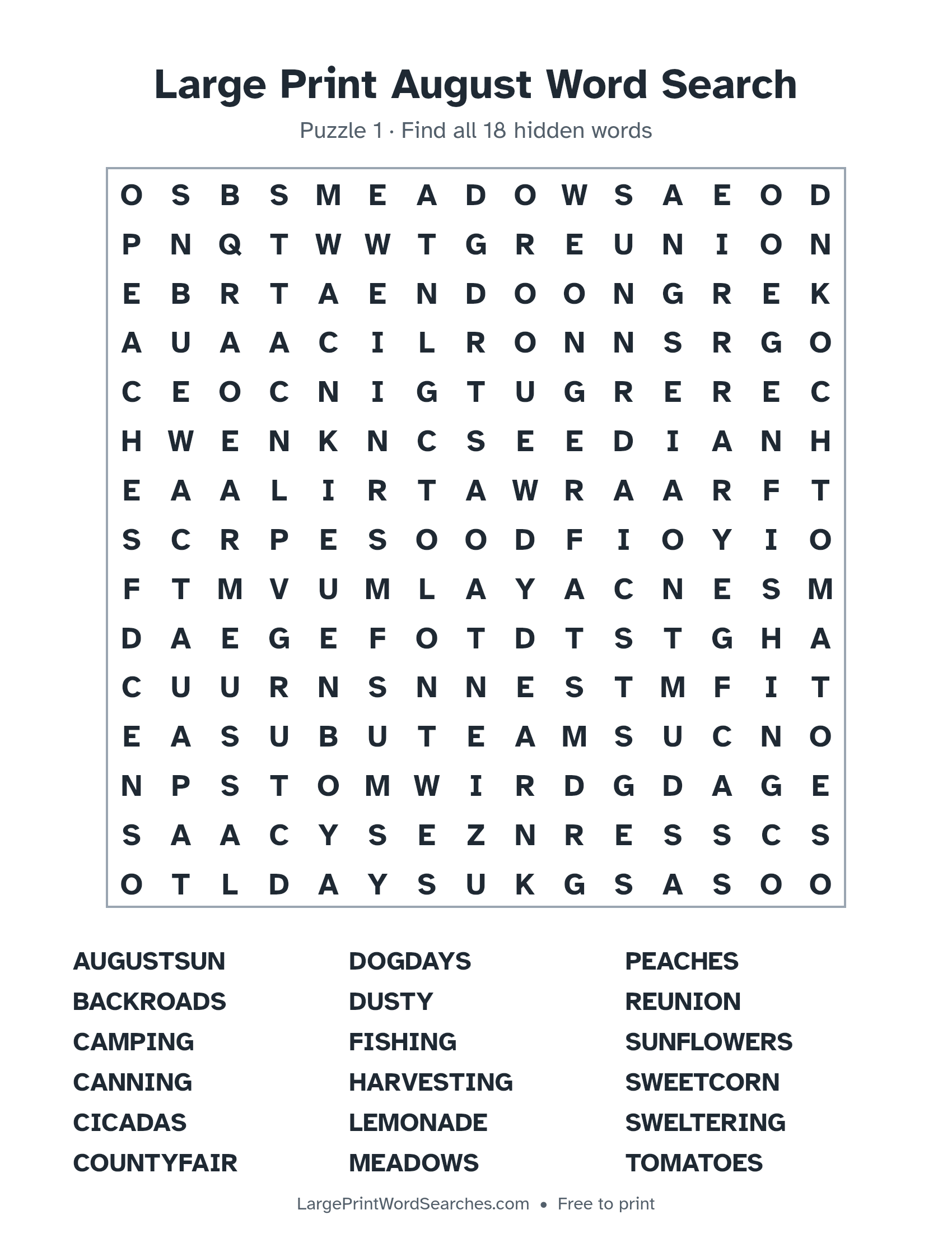 Large Print August Word Search puzzle 1: a 15 by 15 letter grid with 18 hidden words in large print