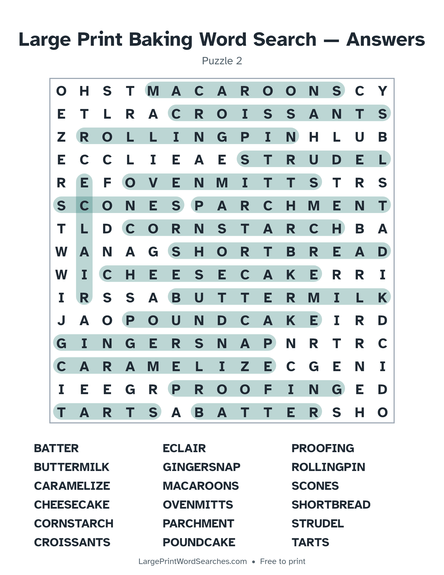 Answer key for large print baking word search puzzle 2 with every hidden word highlighted
