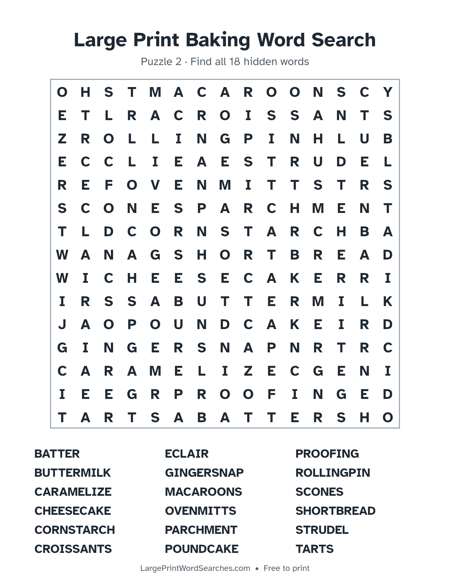 Large Print Baking Word Search puzzle 2: a 15 by 15 letter grid with 18 hidden words in large print