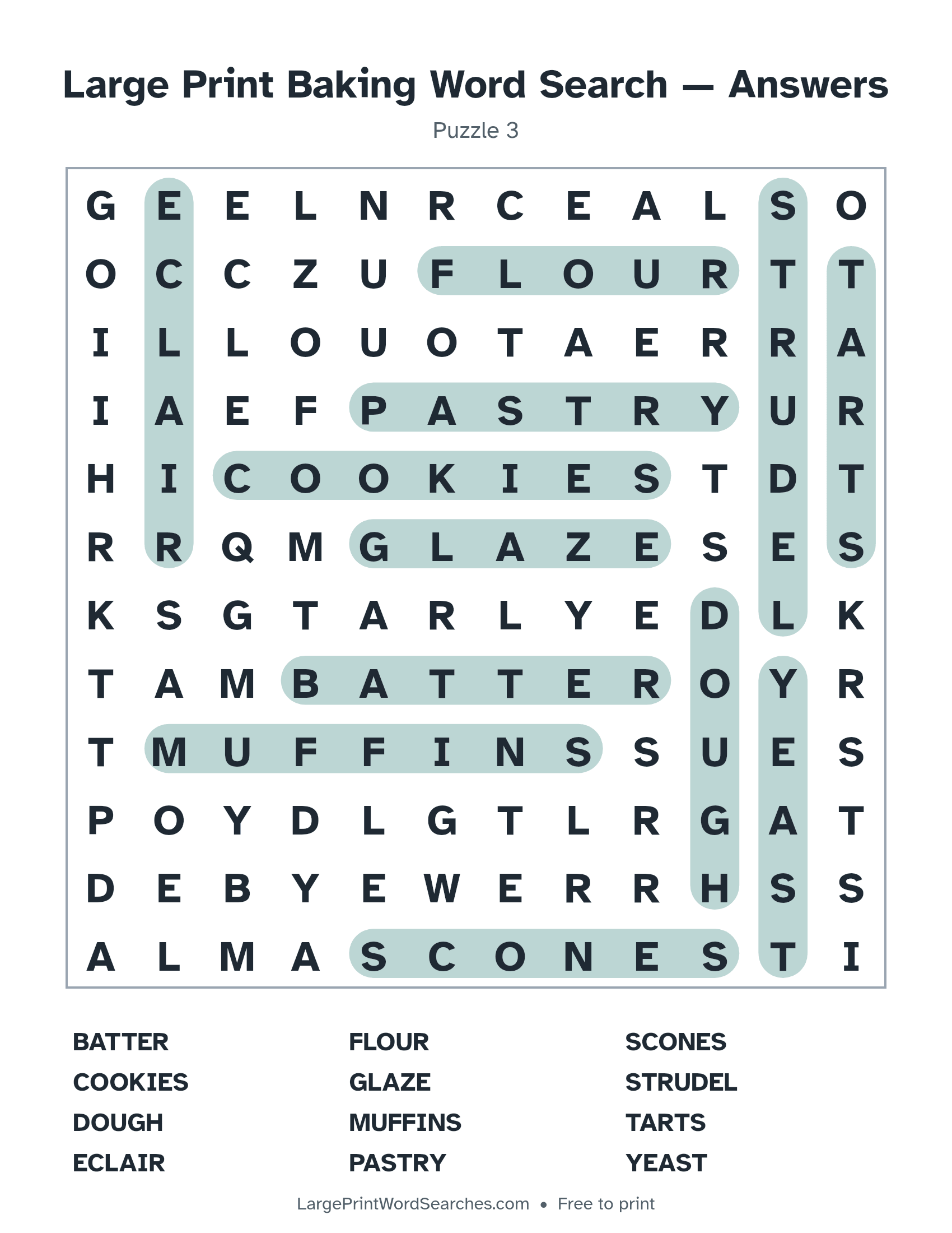 Answer key for large print baking word search puzzle 3 with every hidden word highlighted