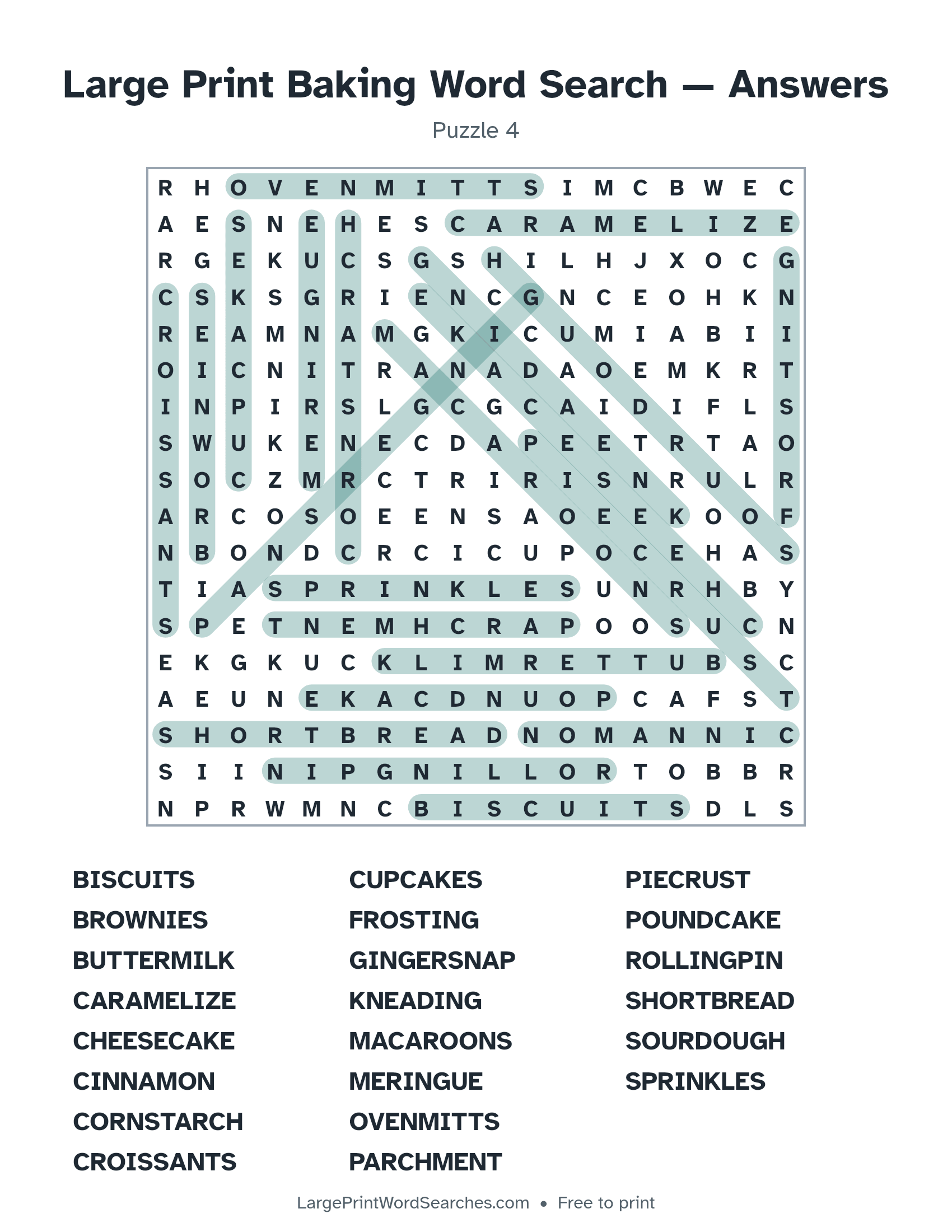 Answer key for large print baking word search puzzle 4 with every hidden word highlighted
