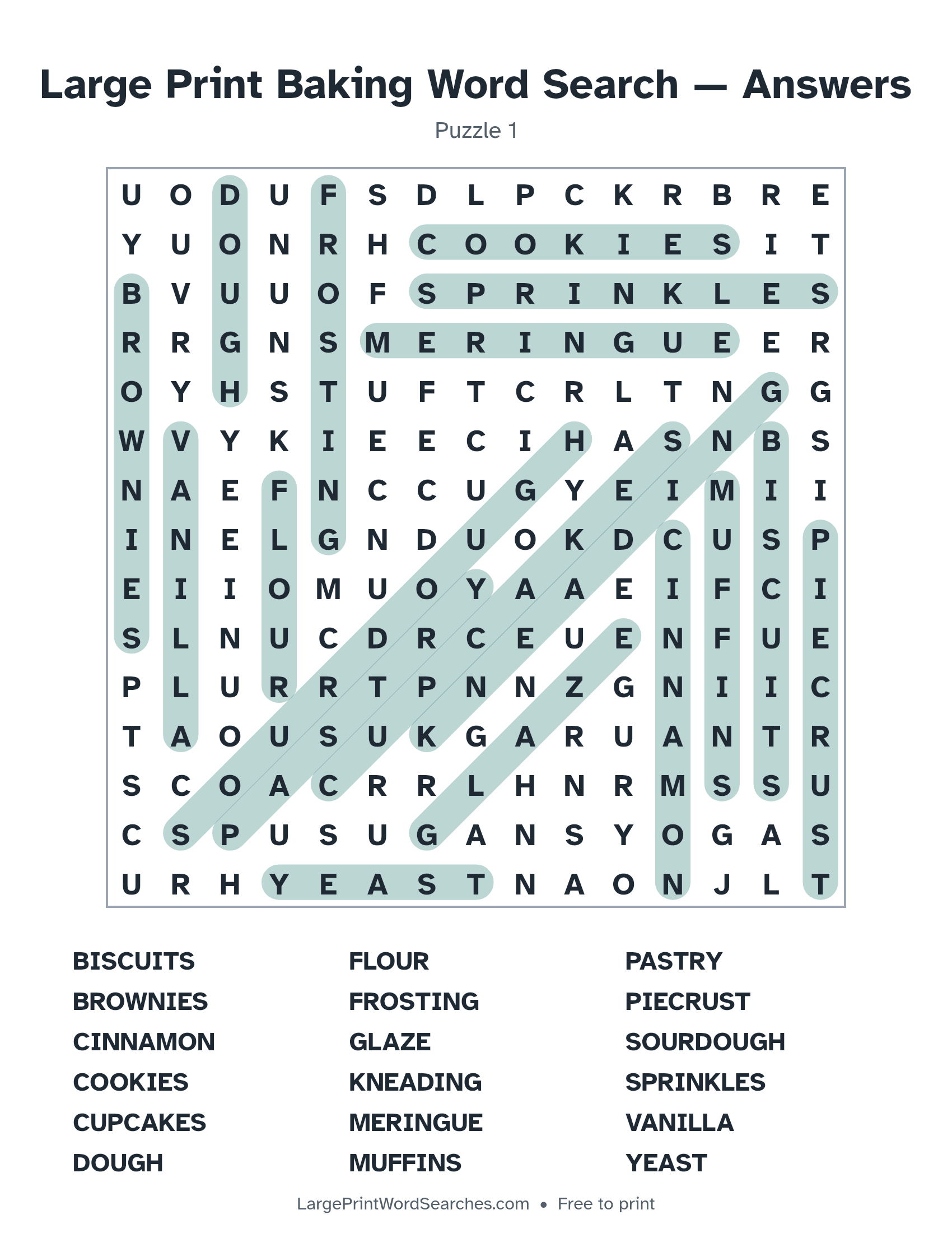 Answer key for large print baking word search puzzle 1 with every hidden word highlighted