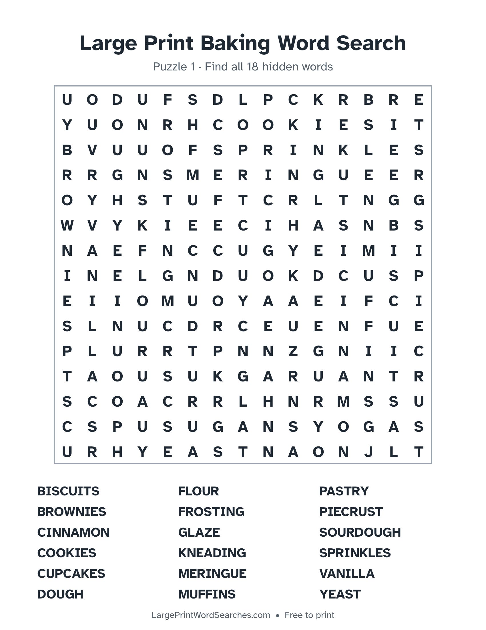Large Print Baking Word Search puzzle 1: a 15 by 15 letter grid with 18 hidden words in large print