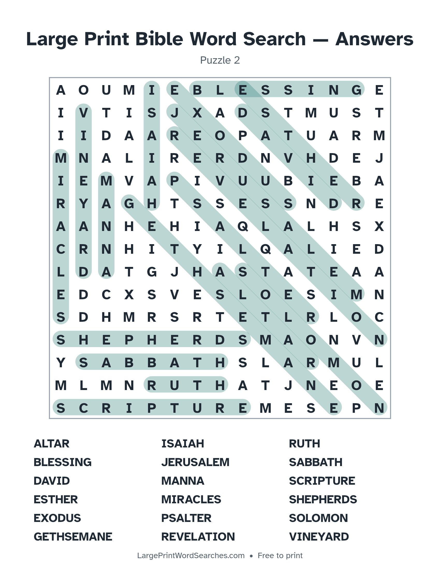Answer key for large print bible word search puzzle 2 with every hidden word highlighted