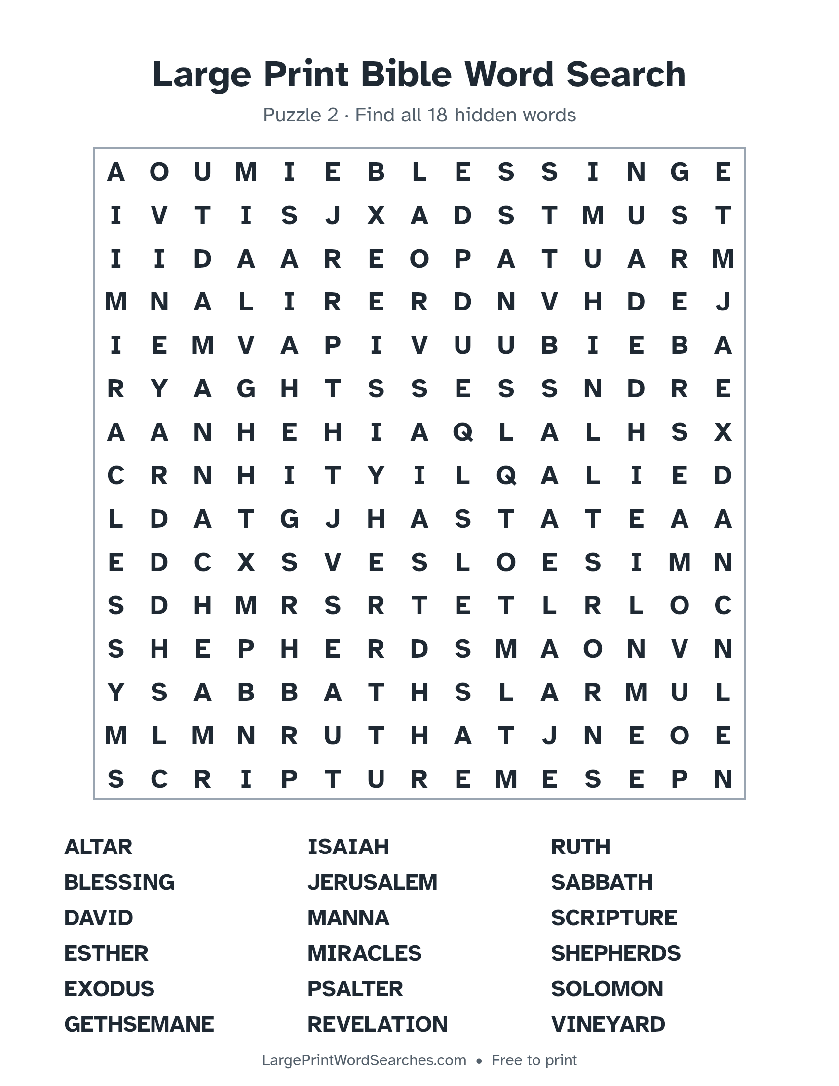 Large Print Bible Word Search puzzle 2: a 15 by 15 letter grid with 18 hidden words in large print