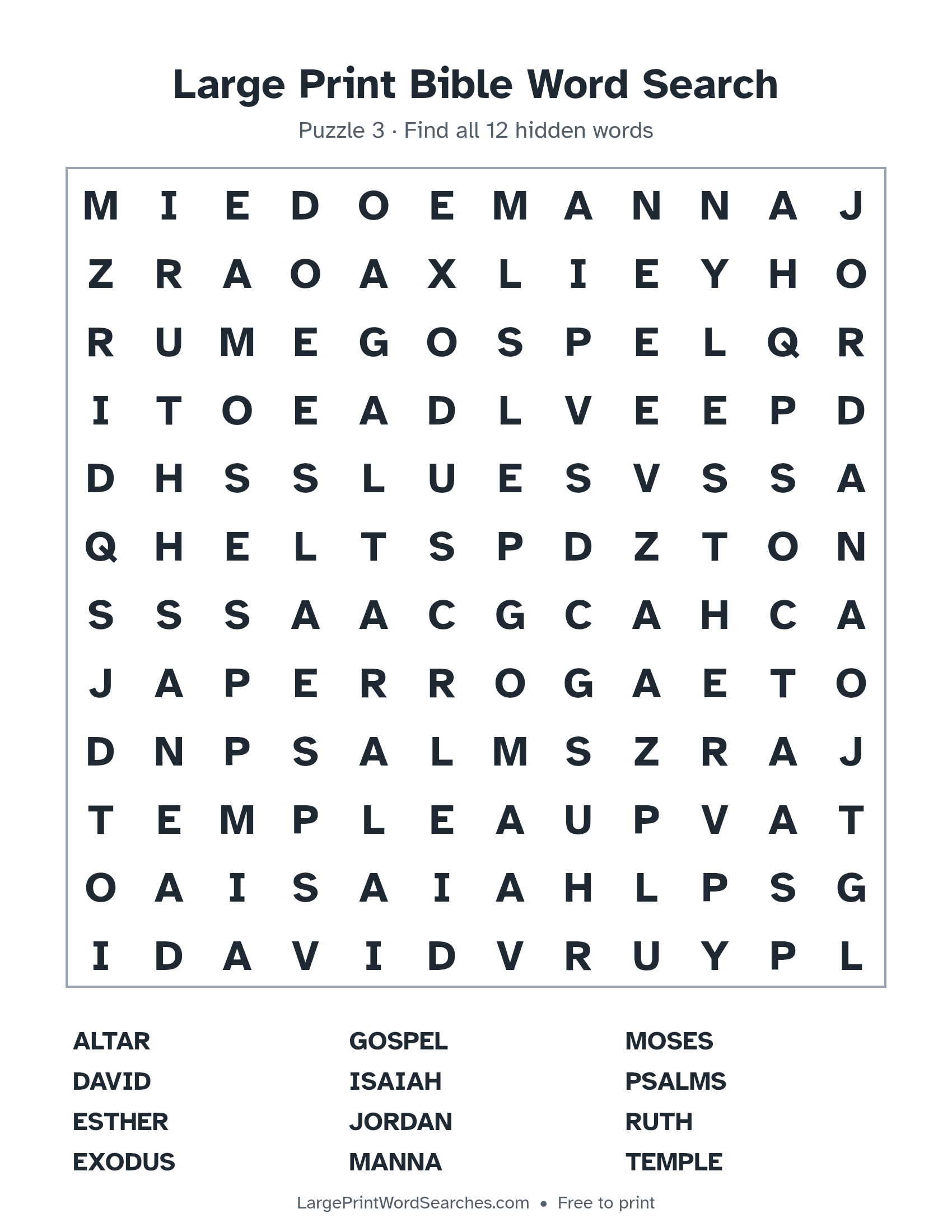 Large Print Bible Word Search puzzle 3: a 12 by 12 letter grid with 12 hidden words in large print