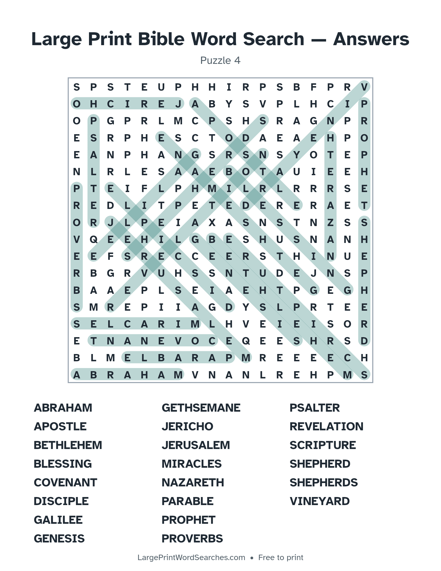 Answer key for large print bible word search puzzle 4 with every hidden word highlighted