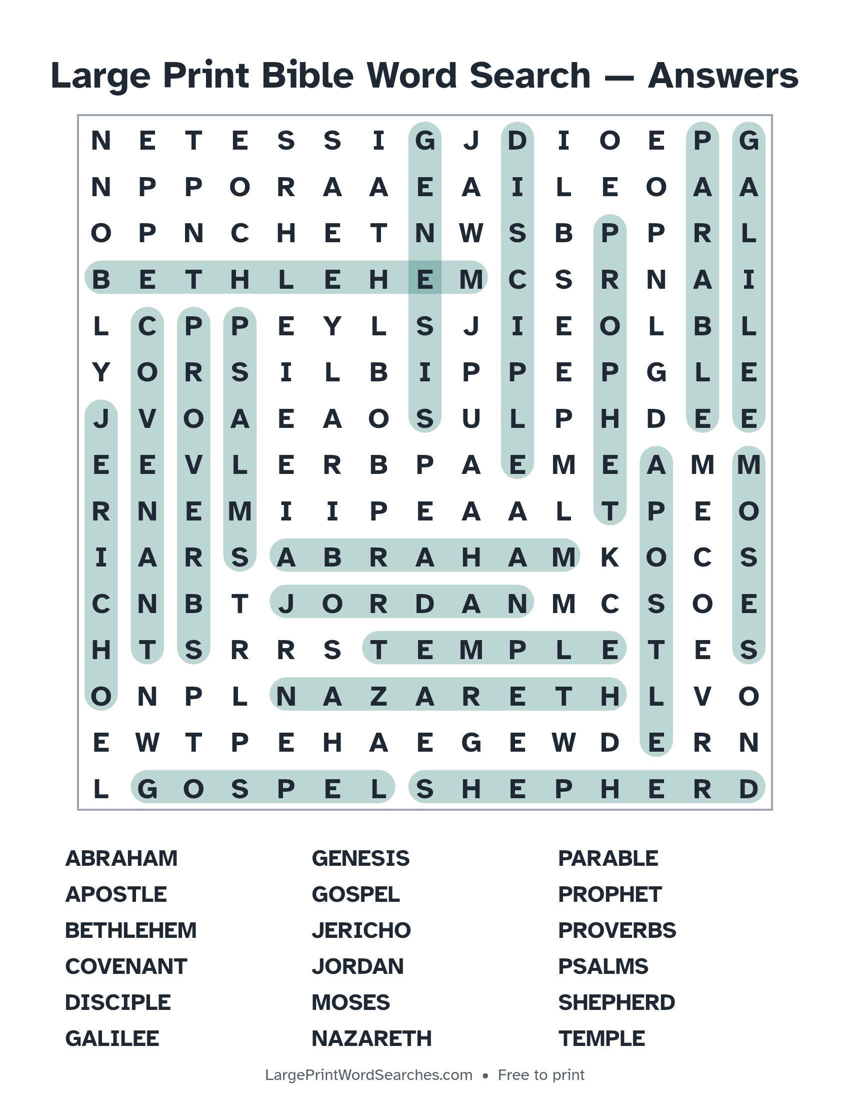 Answer key for large print bible word search puzzle 1 with every hidden word highlighted